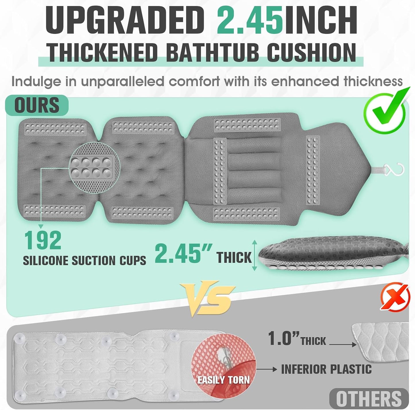 Upgraded Full Body Bath Pillow for Bathtub,Luxury Thick Bath Cushion for Soaking Tub with 192 Suction Cups,Full Body Bathtub Pillows for Head and Neck Shoulder Support,4D Air Mesh, 53" x 16" Dark Gray