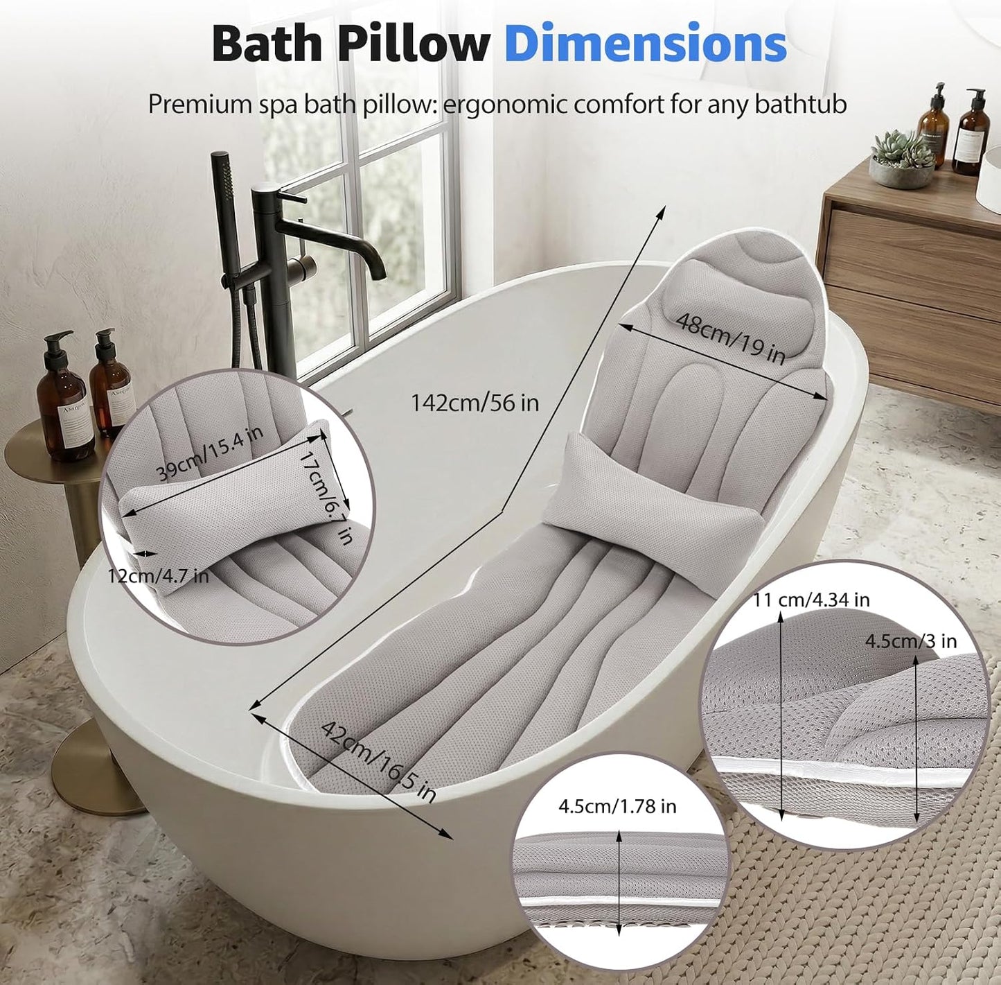 Full Body Bath Pillow for Bathtub, Thick 5D Air Mesh Luxury Spa Tub Cushion with Adjustable Lumbar Support, Extra Long Bathtub Pillow for Head and Neck Back, 192 Non-Slip Suction Cups, Gray, 56" x 19"