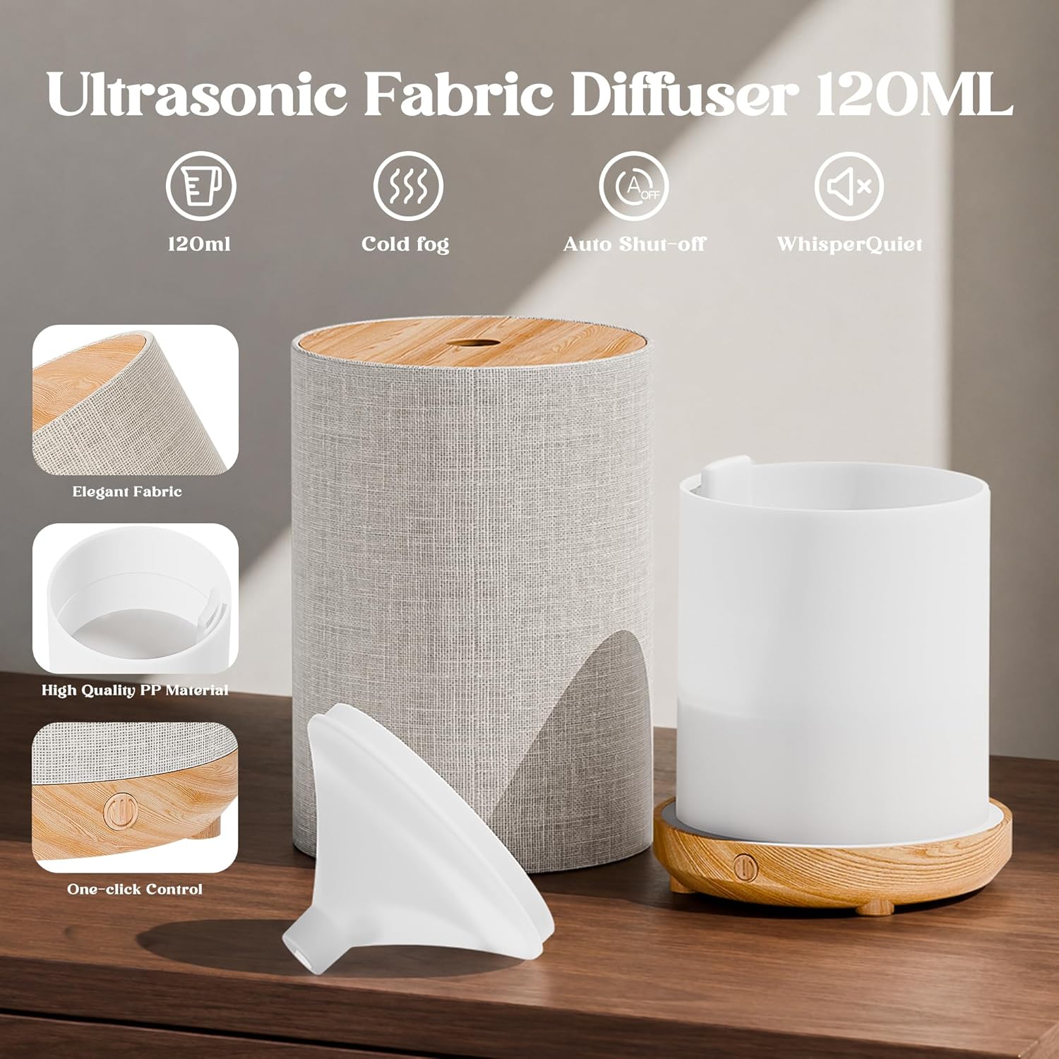 Essential Oil Diffuser with Fabric Cover, Small Portable Aroma Diffuser for Home 120ml, Ultrasonic Aromatherapy Oil Diffuser with 7 Colors LED, Auto Shut-Off Function, Mini Humidifier for Bedroom