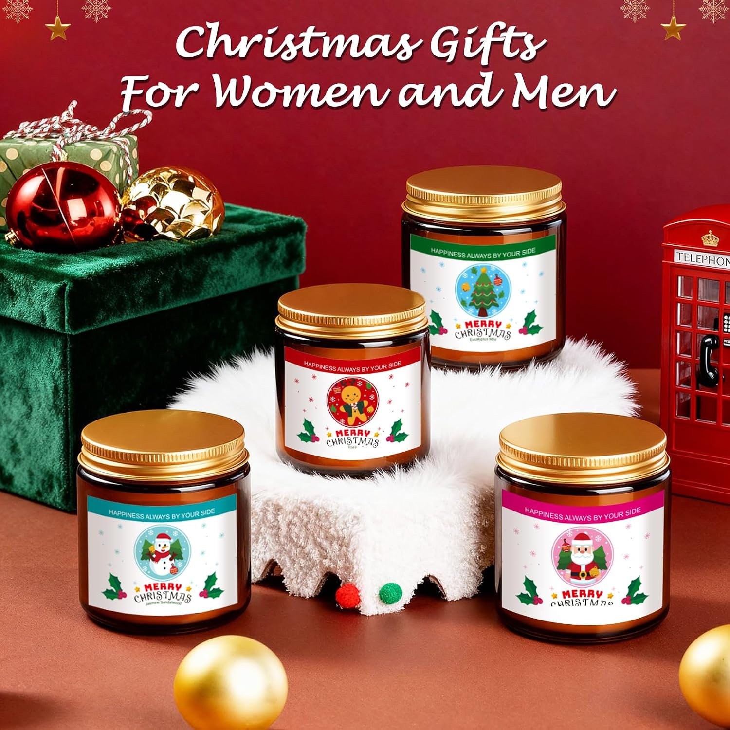 Christmas Candle Set,Scented Candles for Holiday,4 Pack Natural Soy Candles for Home Scented,Christmas Gifts for Women and Men,Scents of Christmas Tree/Cookies/Spices/Flower