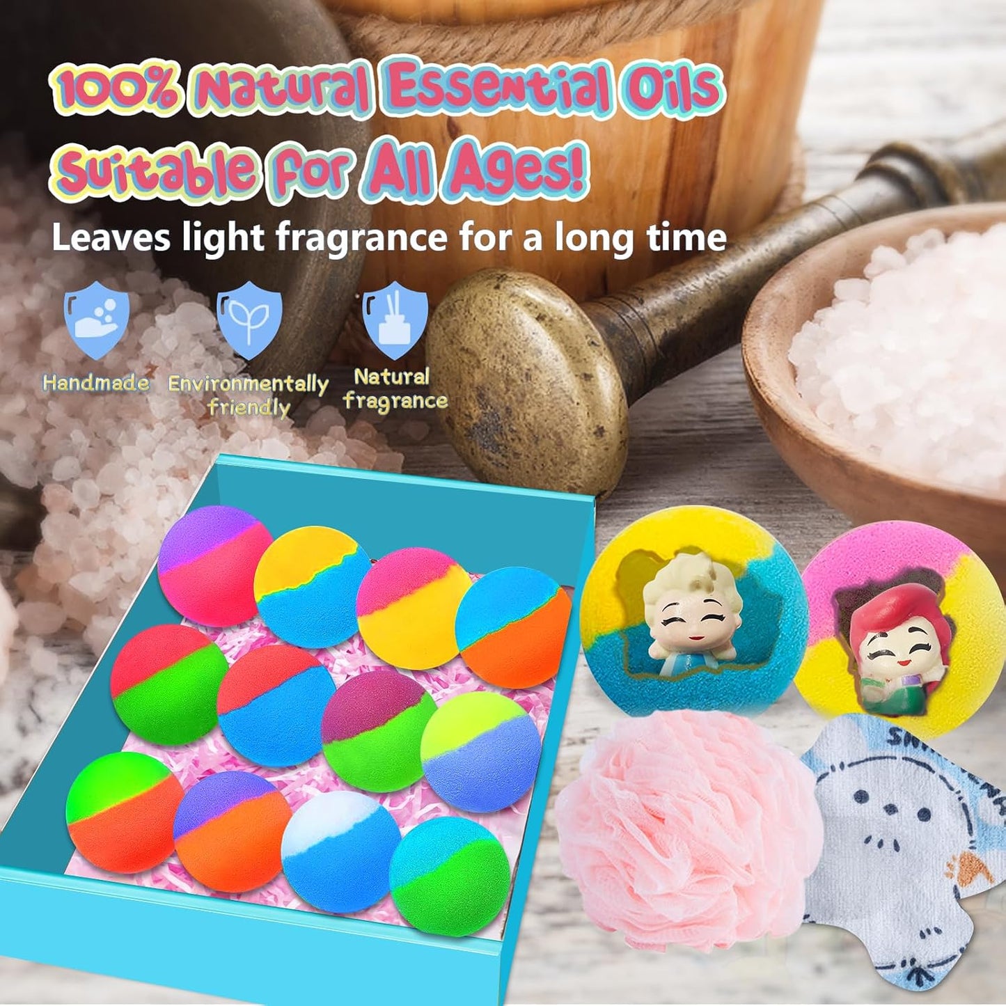 Bath Bombs for Kids: 12 Pcs Princess Bath Bombs with Toys Inside, Kids Bath Bomb Rich in Natural Essential Oils, Organic Bath Bomb Gift Set for Dry Skin Moisturize, Summer Party Favors for Girls