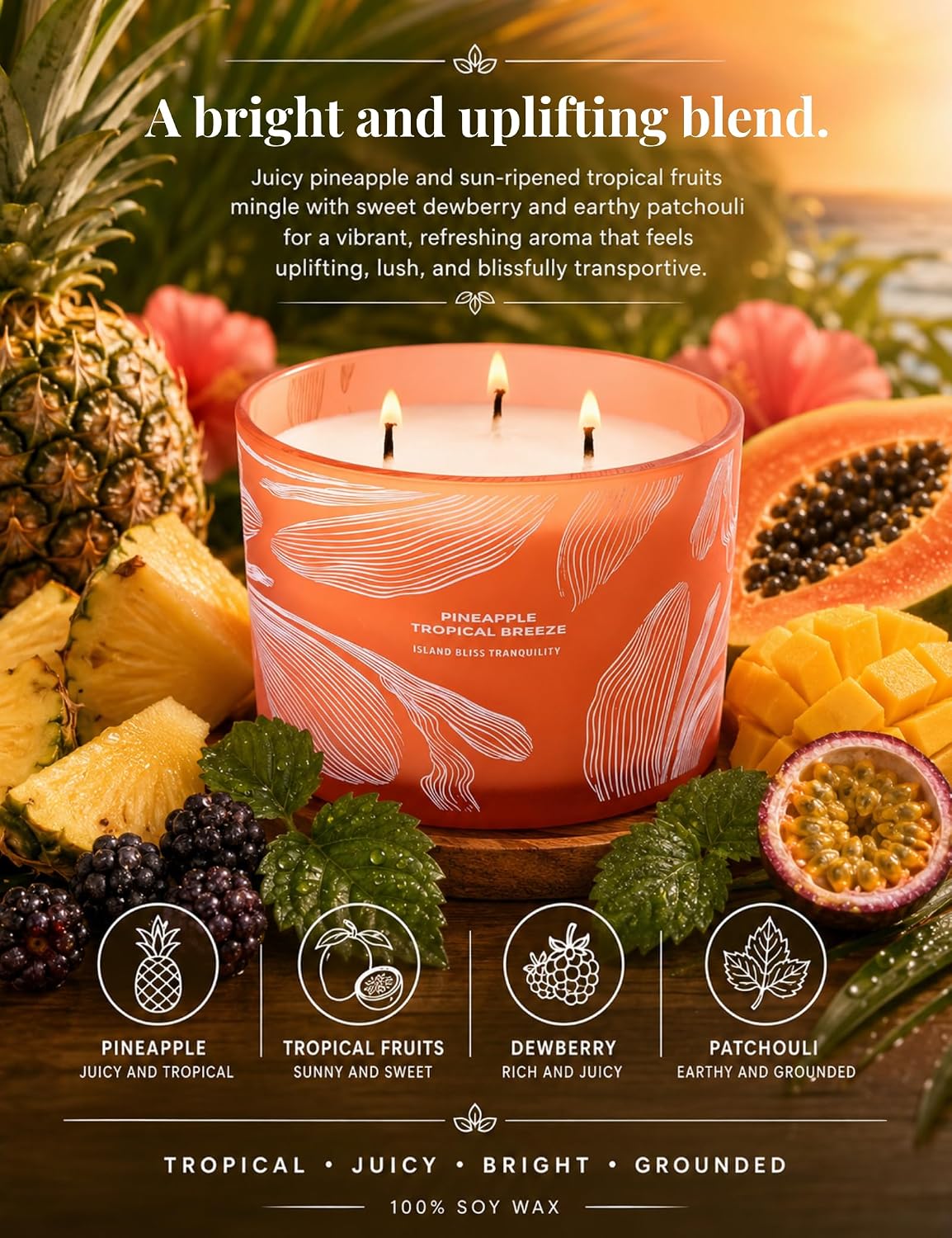Pineapple Tropical Breeze 3 Wick Candle for Home Scented | 14.5 oz Large Soy Candle | Tropical Pineapple Fruit Summer Scented Candle | Fruity Aromatherapy Candles | Beach Gift for Women & Men