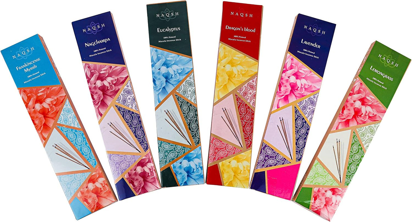 Naqsh Premium Hand Rolled Incense- Assorted 6x20 Mesmerizing Incense Sticks Including Lavender, Dragon's Blood, Frankincense Myrrh, Lemongrass, Eucalyptus, and Nagchampa