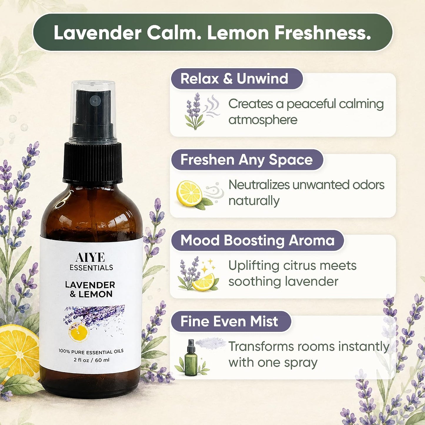 Aiye Essentials Lavender Lemon Room & Linen Spray, Non‑Toxic Essential Oil Aromatherapy Mist for Home & Bedding, 2 fl oz