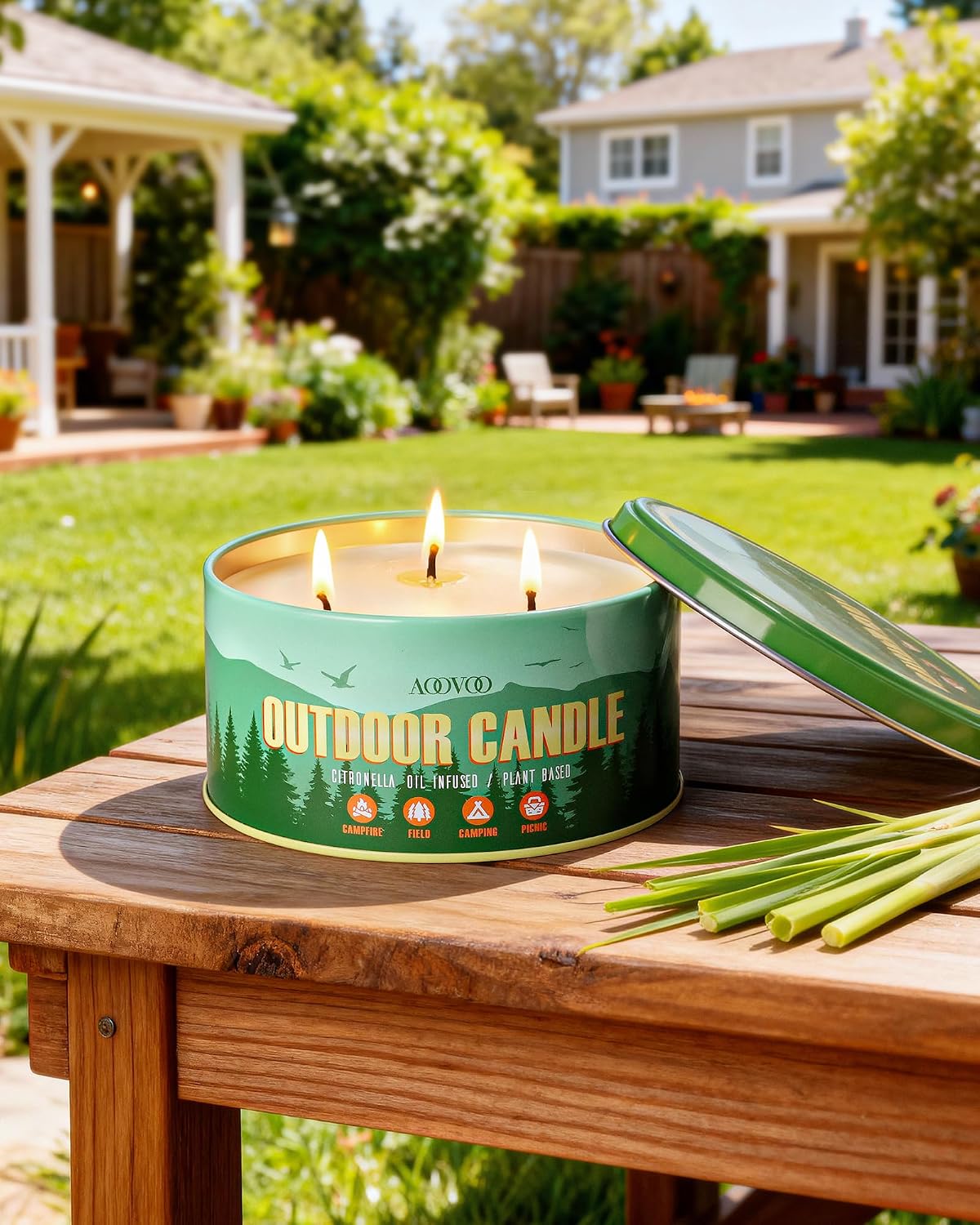 AOOVOO Citronella Candles Outdoor - 3 Wick 12oz Large Camping Candle, Natural Essential Oil Soy Wax Non Toxic, Strong Scented Candles for Outside Backyard Garden Picnic