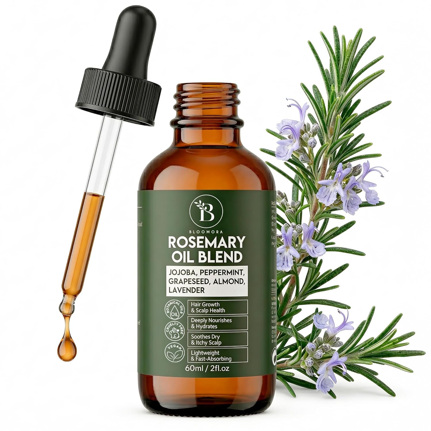 Rosemary Oil for Hair Growth Blend with Almond, Peppermint, Lavender & Jojoba Oil for Hair, Lightweight Consistency, For Growth, Strengthening & Scalp Care (60ml / 2fl oz)