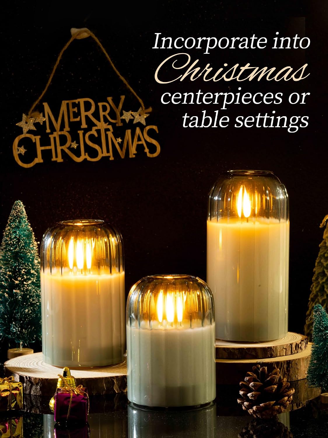 Glass Ribbed Flameless Candles - Battery Candles with Remote Timer, Green Glass LED Candles with Pumpkin Shape, Warm Light, Lasting 350 Hrs and Brightness Adjustment, Φ 3" H 4" 5" 6", Set of 3