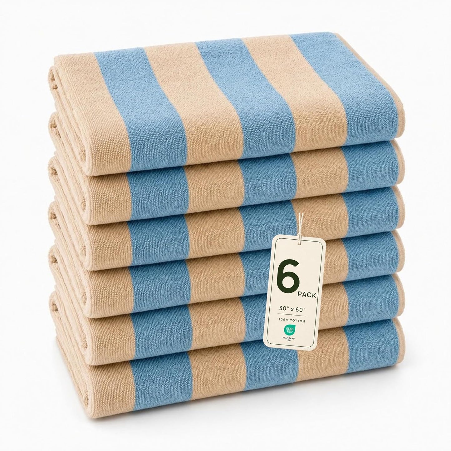 100% Cotton Cabana Beach Towel (Set of 6, Sky Blue) - 30" x 60" Large, Plush, Striped Towels - Quick Dry, Absorbent & Sand Resistant Beach Towels for Travel, Vacation, Pool, Spa, Bathroom