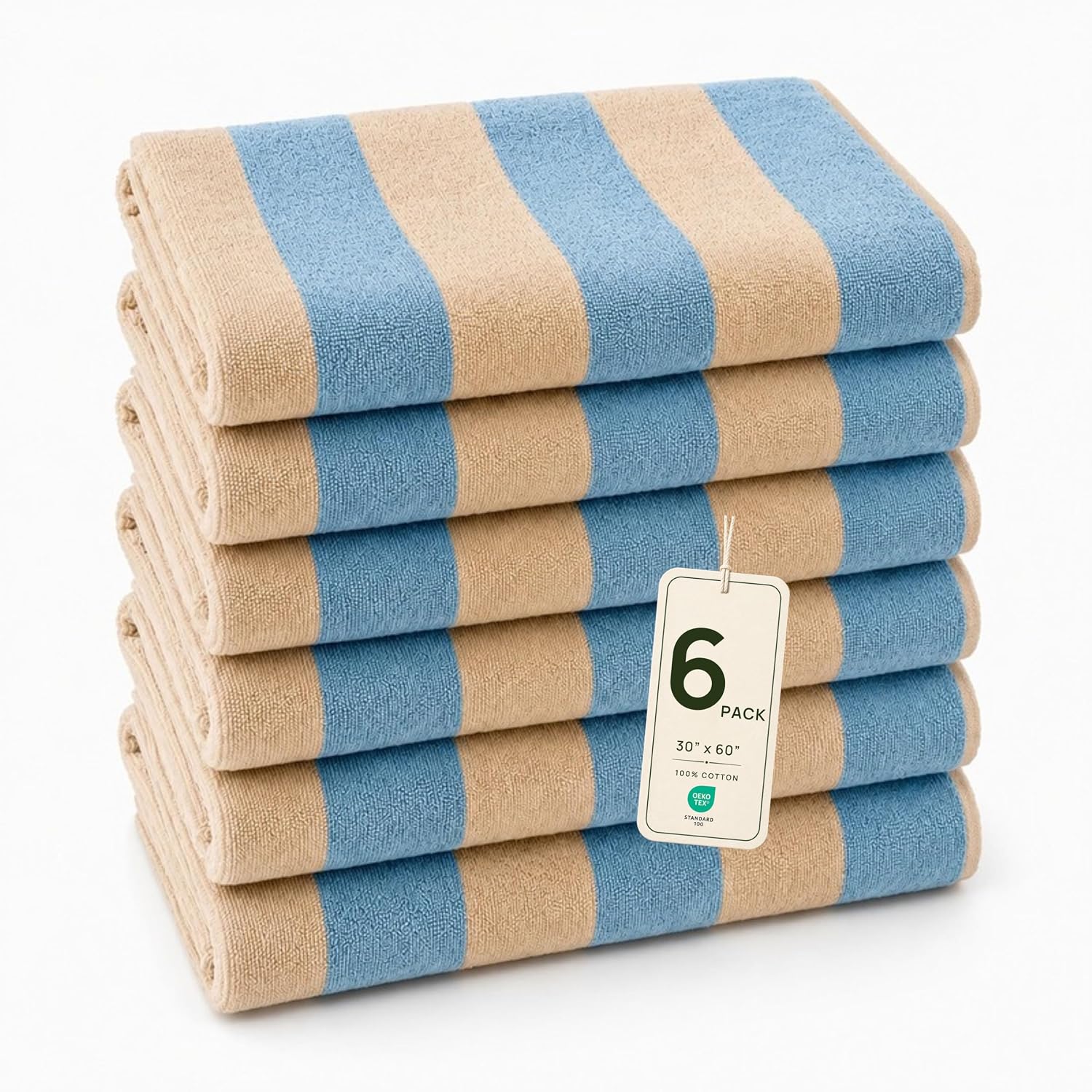 100% Cotton Cabana Beach Towel (Set of 6, Sky Blue) - 30" x 60" Large, Plush, Striped Towels - Quick Dry, Absorbent & Sand Resistant Beach Towels for Travel, Vacation, Pool, Spa, Bathroom