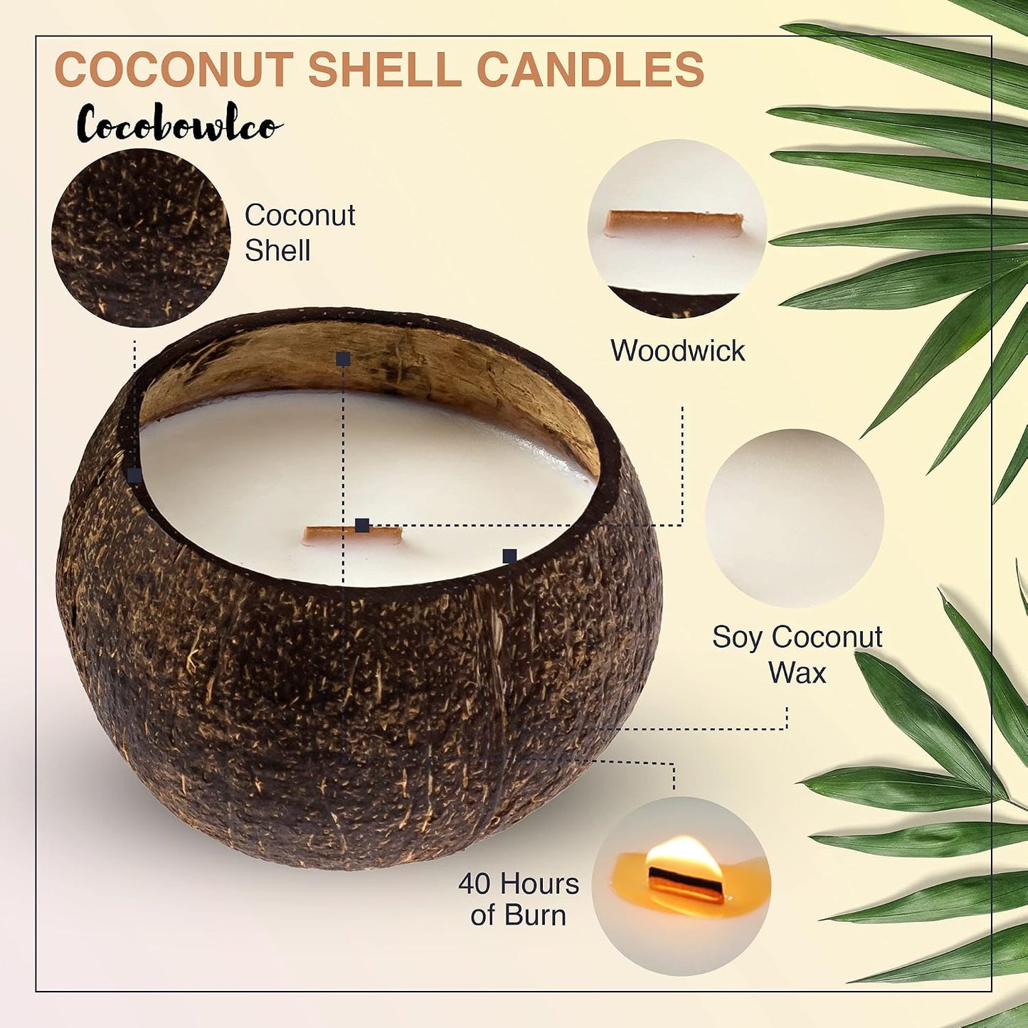 Soy Coconut Candle - Vanilla Scent, Wood Wick, Real Coconut Shell, Eco-Friendly, 45+ Hours Burn Time