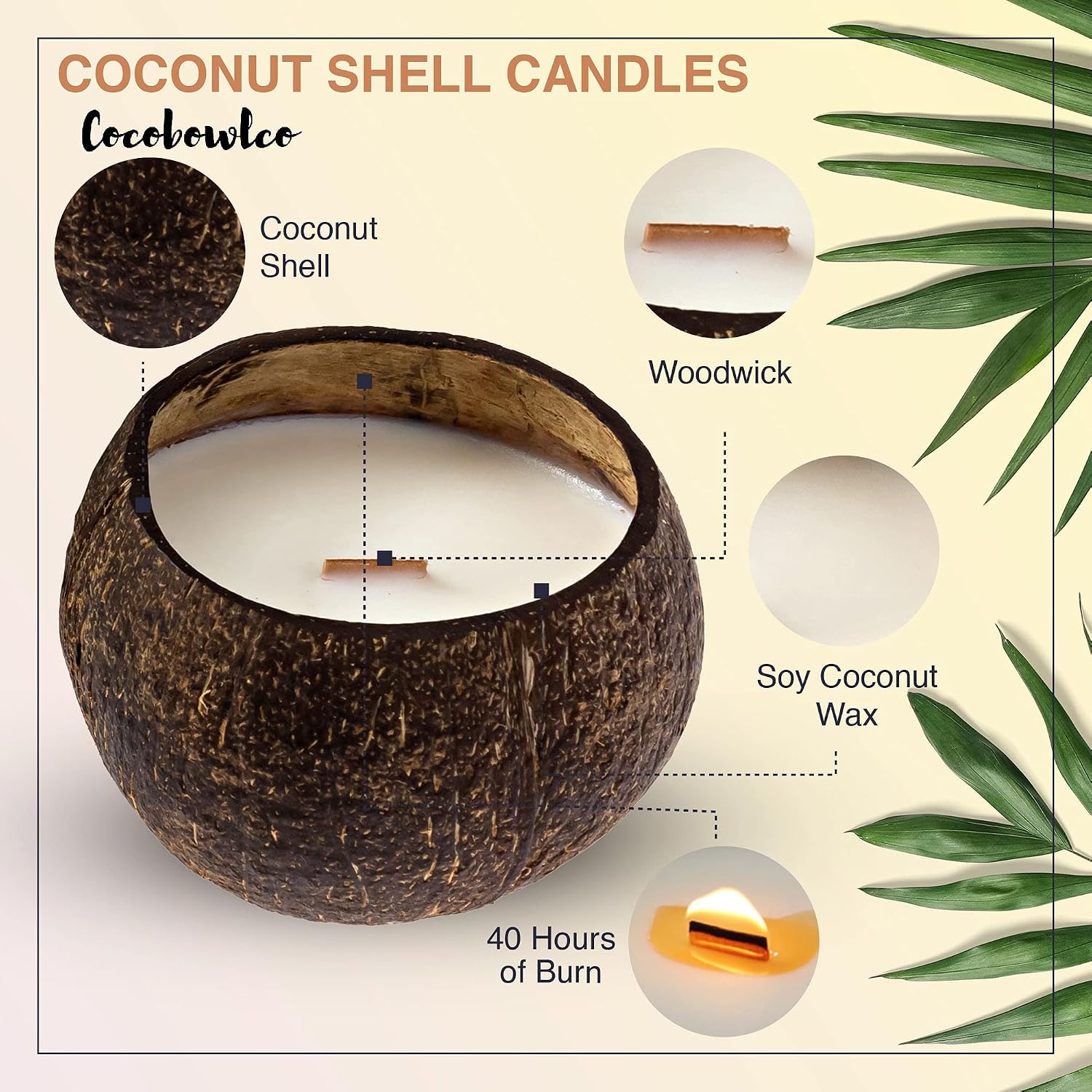 Soy Coconut Candle - Vanilla Scent, Wood Wick, Real Coconut Shell, Eco-Friendly, 45+ Hours Burn Time