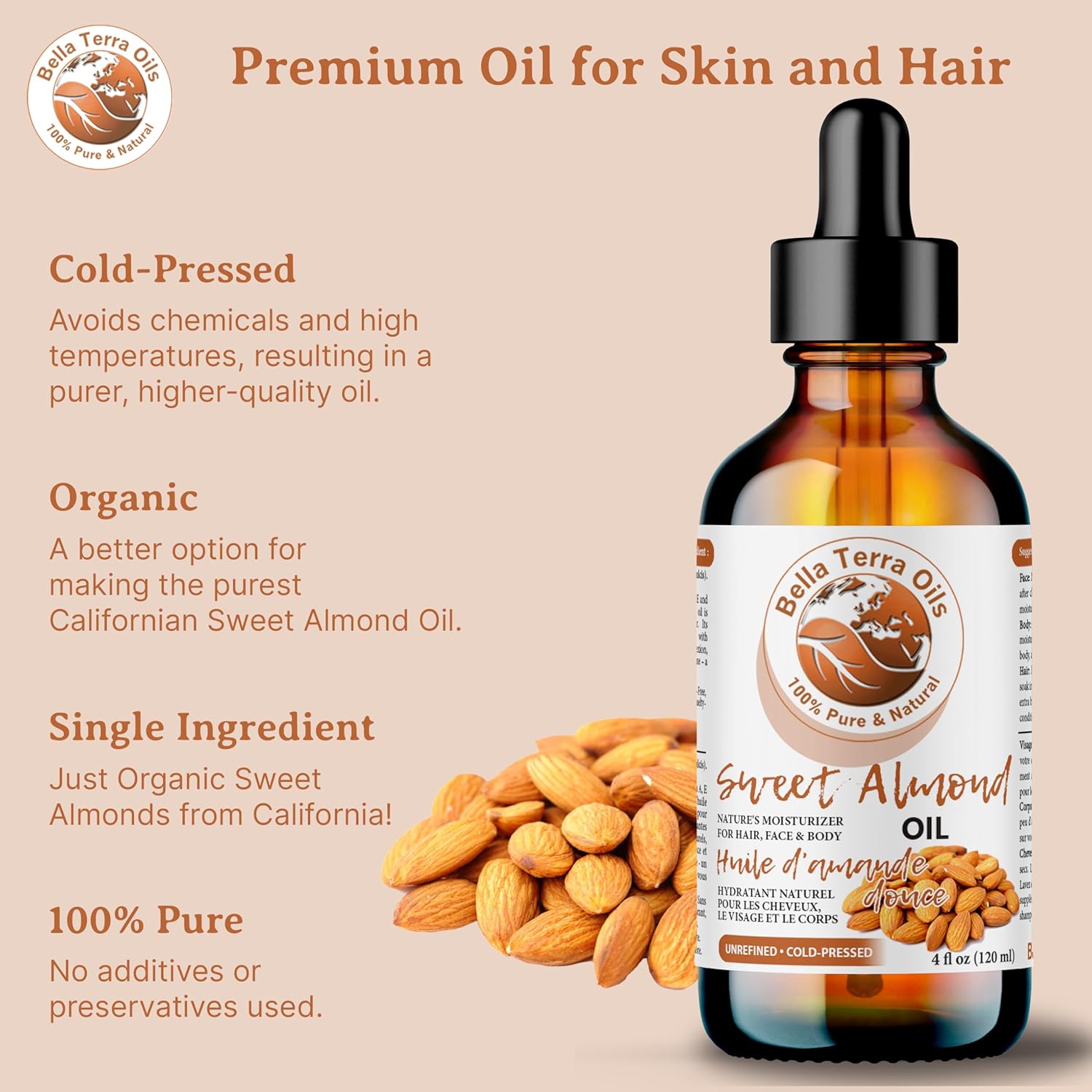 Bella Terra Oils - Natural Sweet Almond Oil 8oz - A Deep Dive into Almond's Vitamin A & Linoleic Acid Profile, Superior Cold-Pressed Delight for Skin