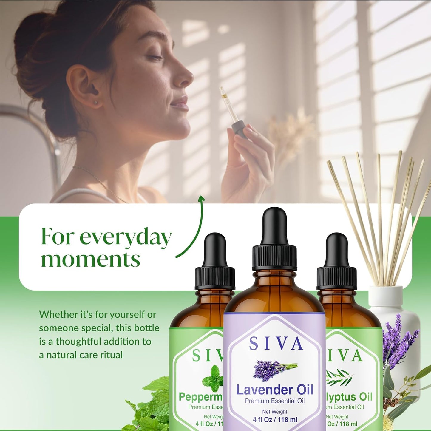 Siva Lavender Essential Oil, Peppermint Essential Oil and Eucalyptus Essential Oil 4oz Bundle Super Saver Combo – Premium Grade Value Set for Aromatherapy, Scalp Massage, Hair Care, Skin & Body