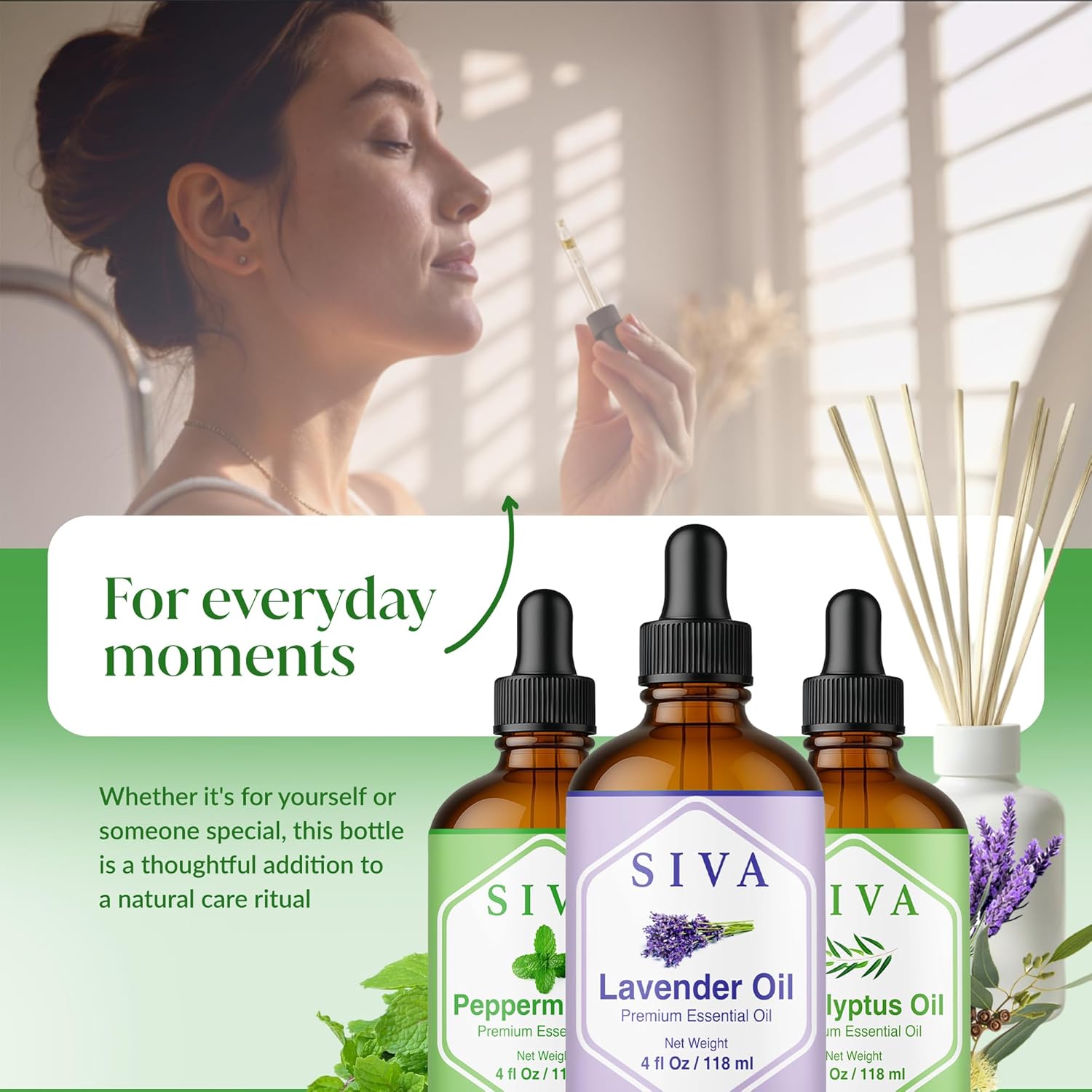 Siva Lavender Essential Oil, Peppermint Essential Oil and Eucalyptus Essential Oil 4oz Bundle Super Saver Combo – Premium Grade Value Set for Aromatherapy, Scalp Massage, Hair Care, Skin & Body