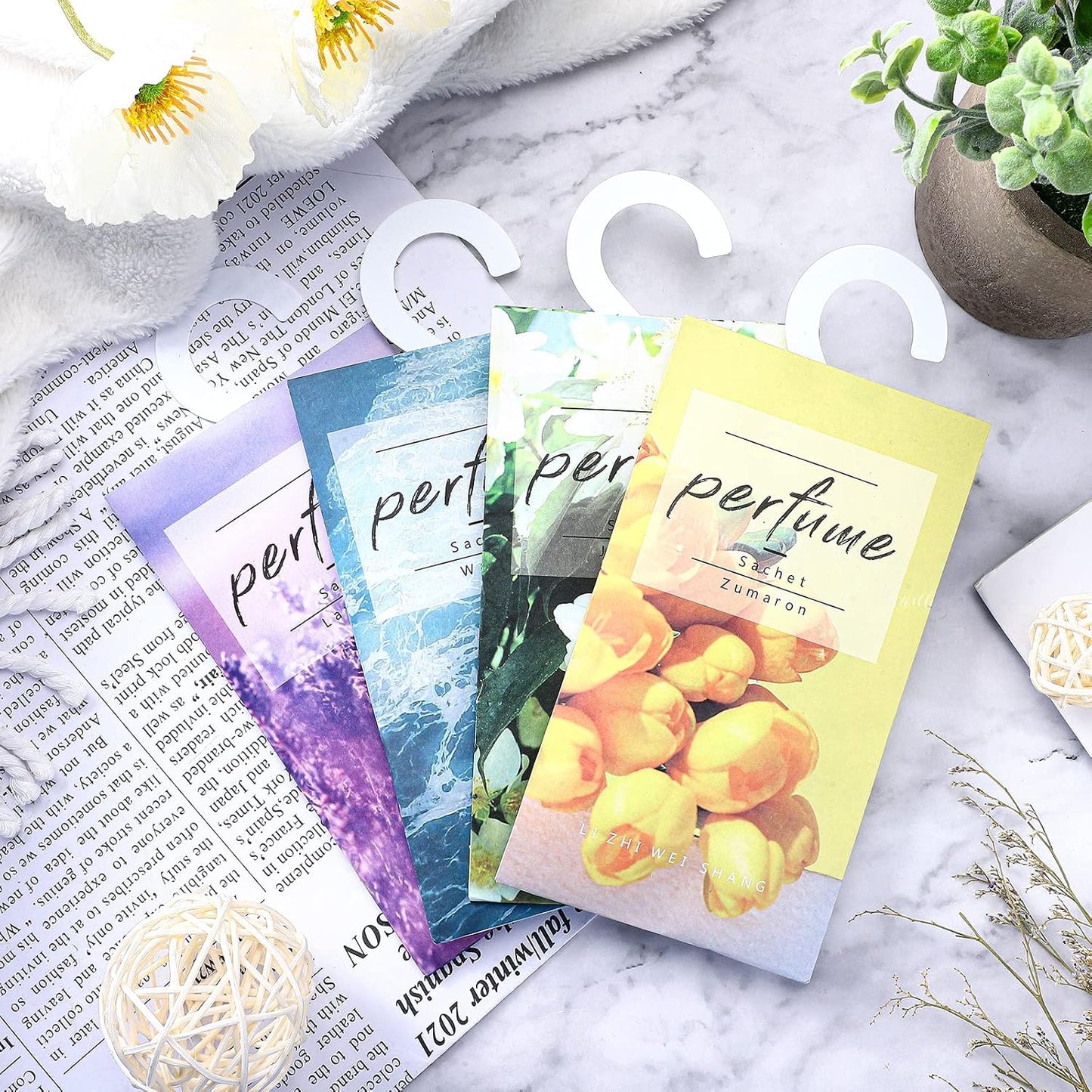 24 Pcs Large Hanging Closet Deodorizer Air Freshener Scented Sachets for Drawers and Closets Long Lasting Lavender Sachet Bags Drawer Freshener for Clothes (Lavender, Jasmine, Waves, Tulip)