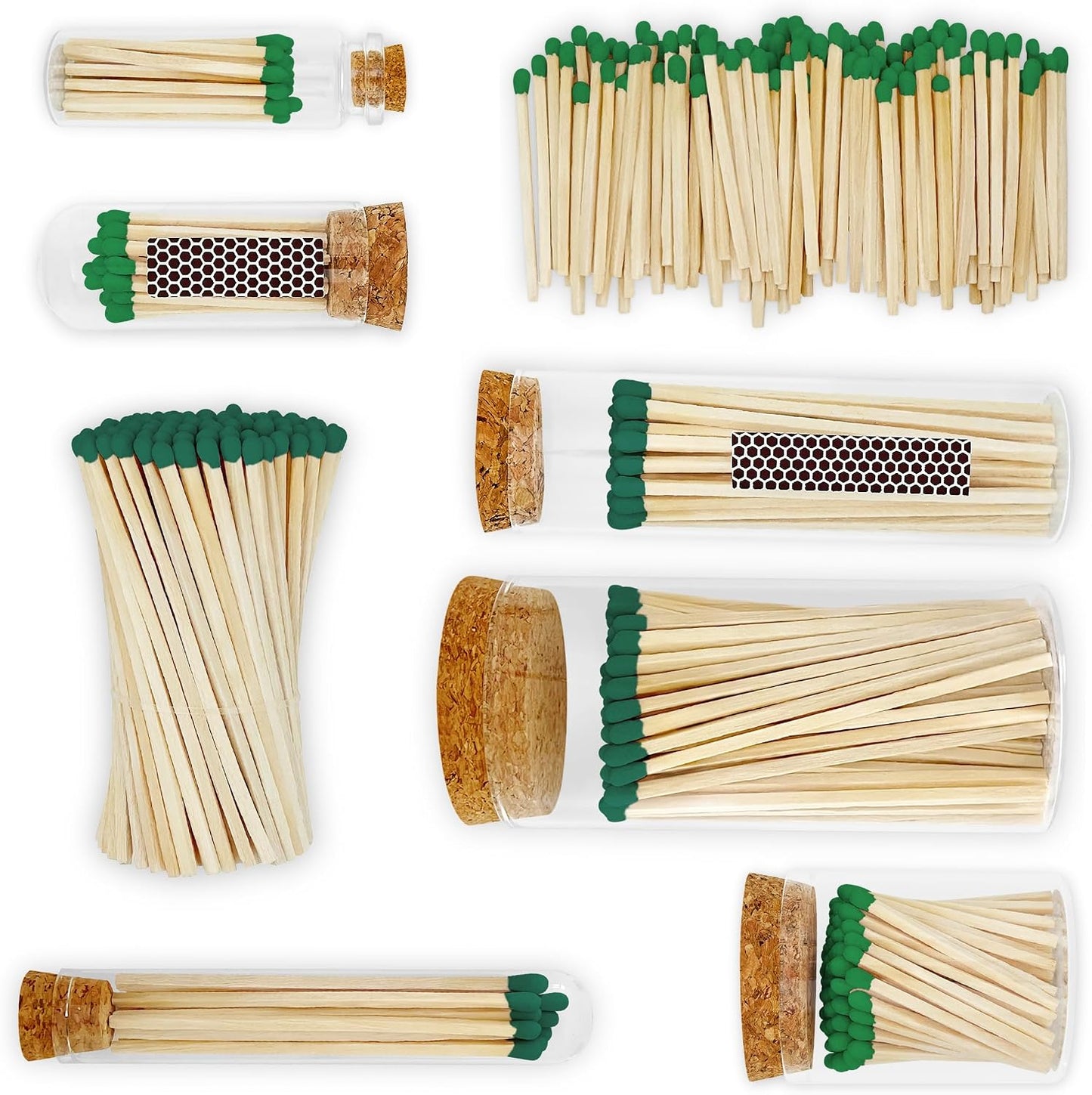 Thankful Greetings Decorative Matches in a Glass Jar | 4" Ever Green Long Matches (100 match sticks) + Cork Top Glass Holder + Striker Stickers | Gifts, Décor, & Candle Accessories, USA