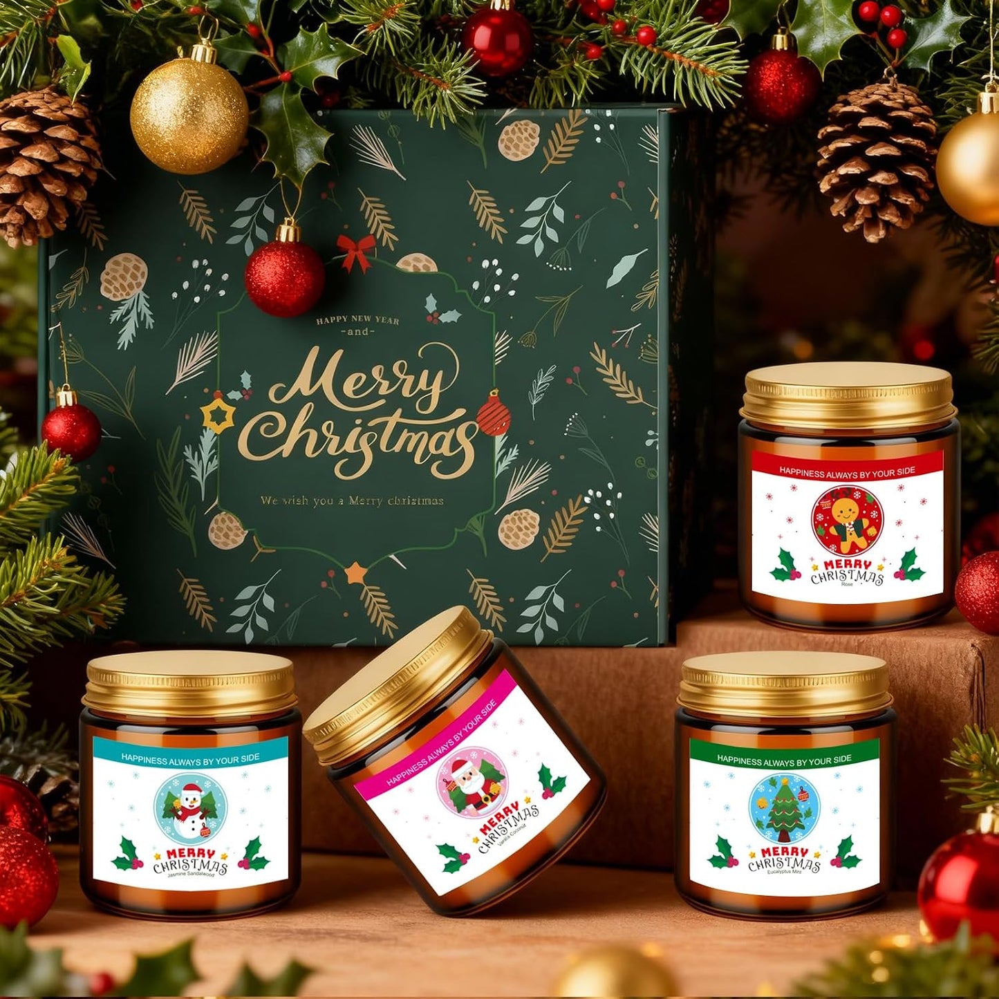 Christmas Candle Set,Scented Candles for Holiday,4 Pack Natural Soy Candles for Home Scented,Christmas Gifts for Women and Men,Scents of Christmas Tree/Cookies/Spices/Flower