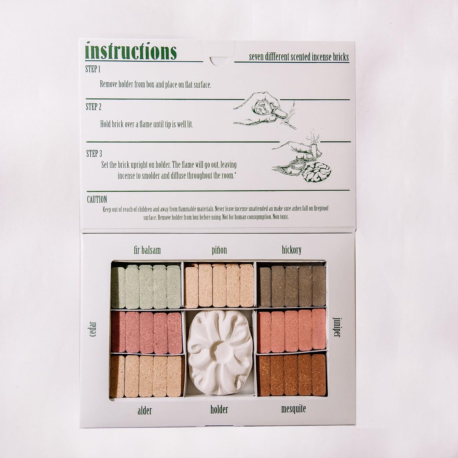 Incienso de Santa Fe - 7 Scent Sampler Natural Wood Incense with Burner, Includes Piñon, Cedar, Juniper, Hickory, Alder, Mesquite, and Fir Balsam (70 Bricks) - Made in the USA