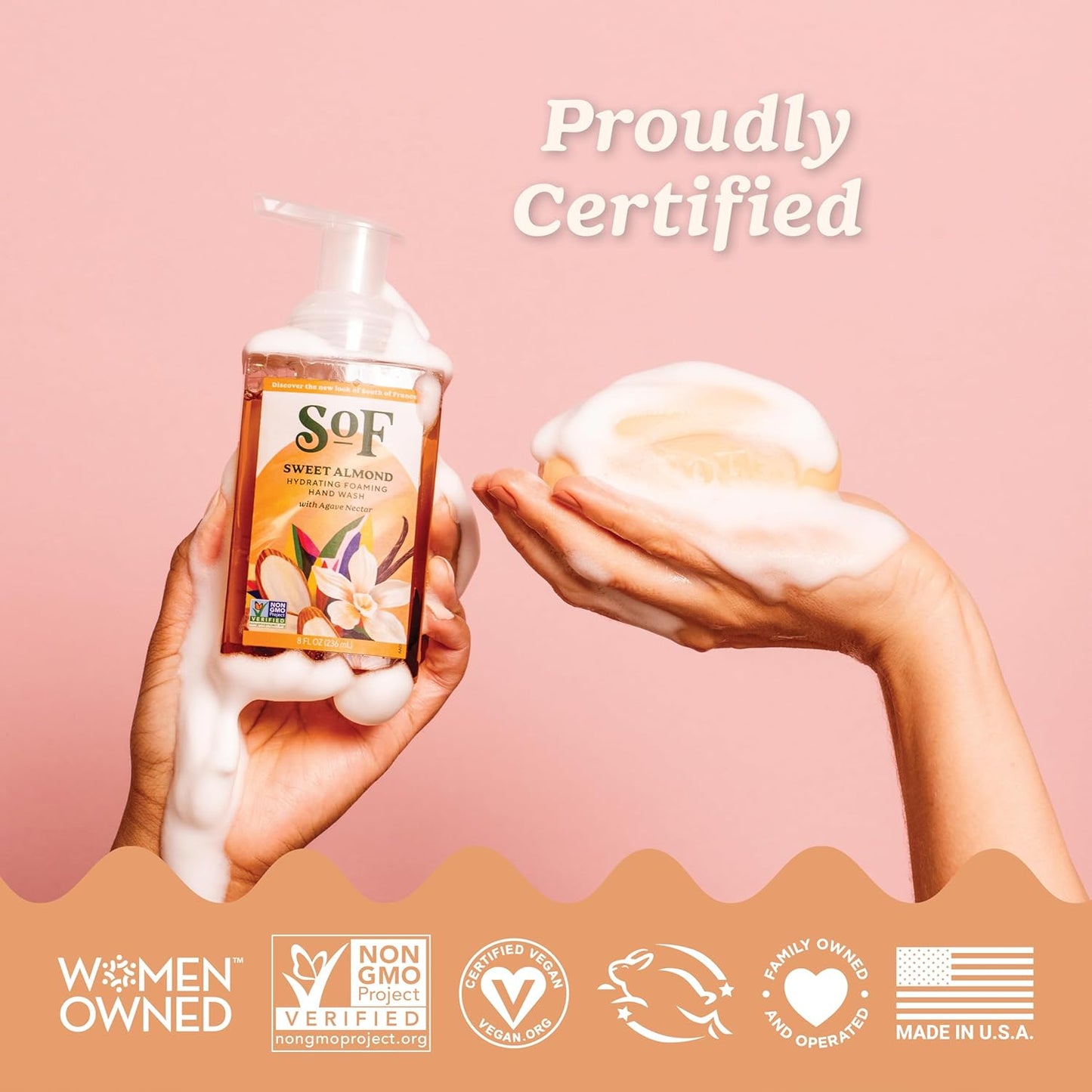 South Of France SoF Hydrating Foaming Hand Wash - With Organic Agave Nectar & Coconut Oil- Vegan & Non GMO- Free From Phthalates, Sulfates & Parabens- Sweet Almond - 8 oz Bottle 6 Pack