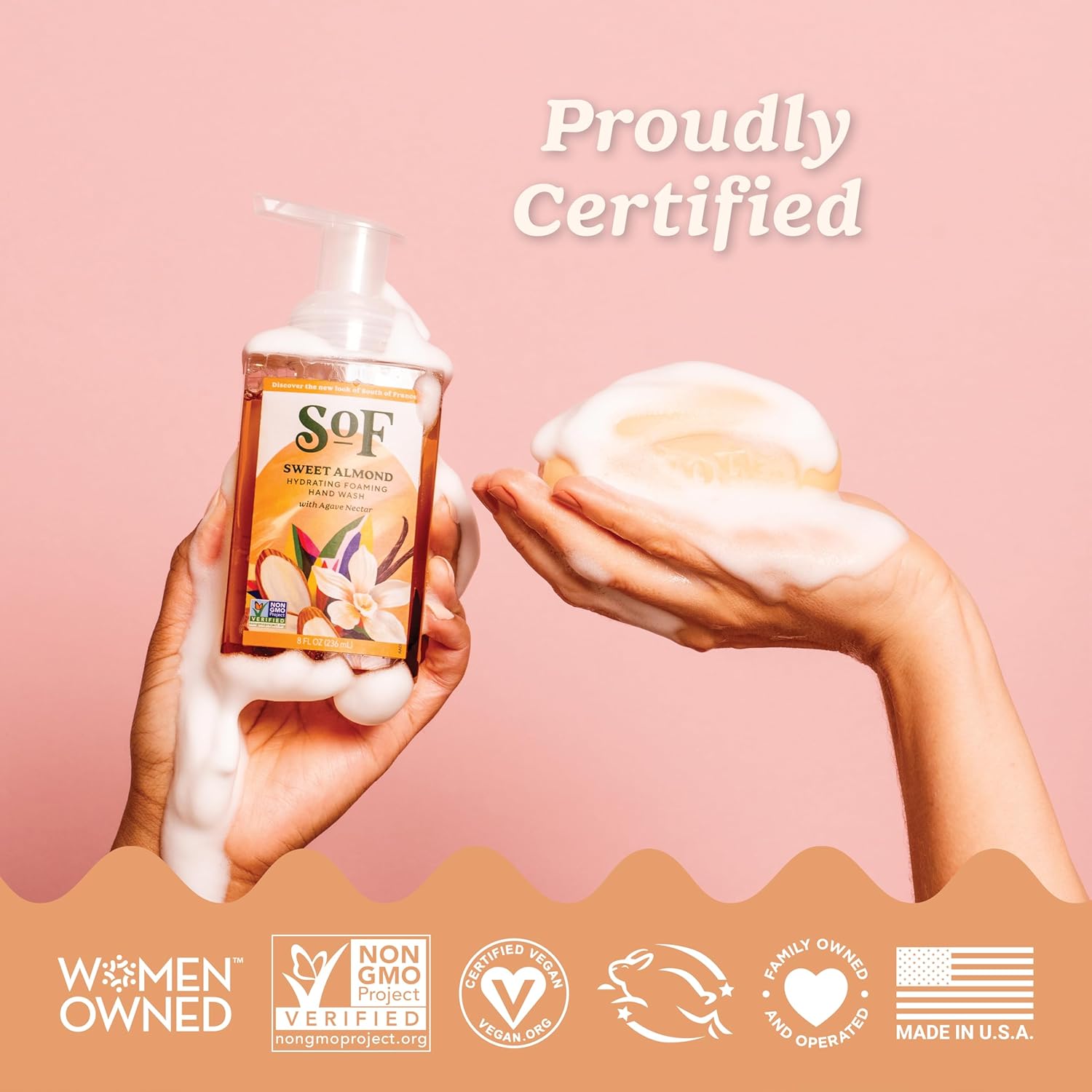 South Of France SoF Hydrating Foaming Hand Wash - With Organic Agave Nectar & Coconut Oil- Vegan & Non GMO- Free From Phthalates, Sulfates & Parabens- Sweet Almond - 8 oz Bottle 6 Pack