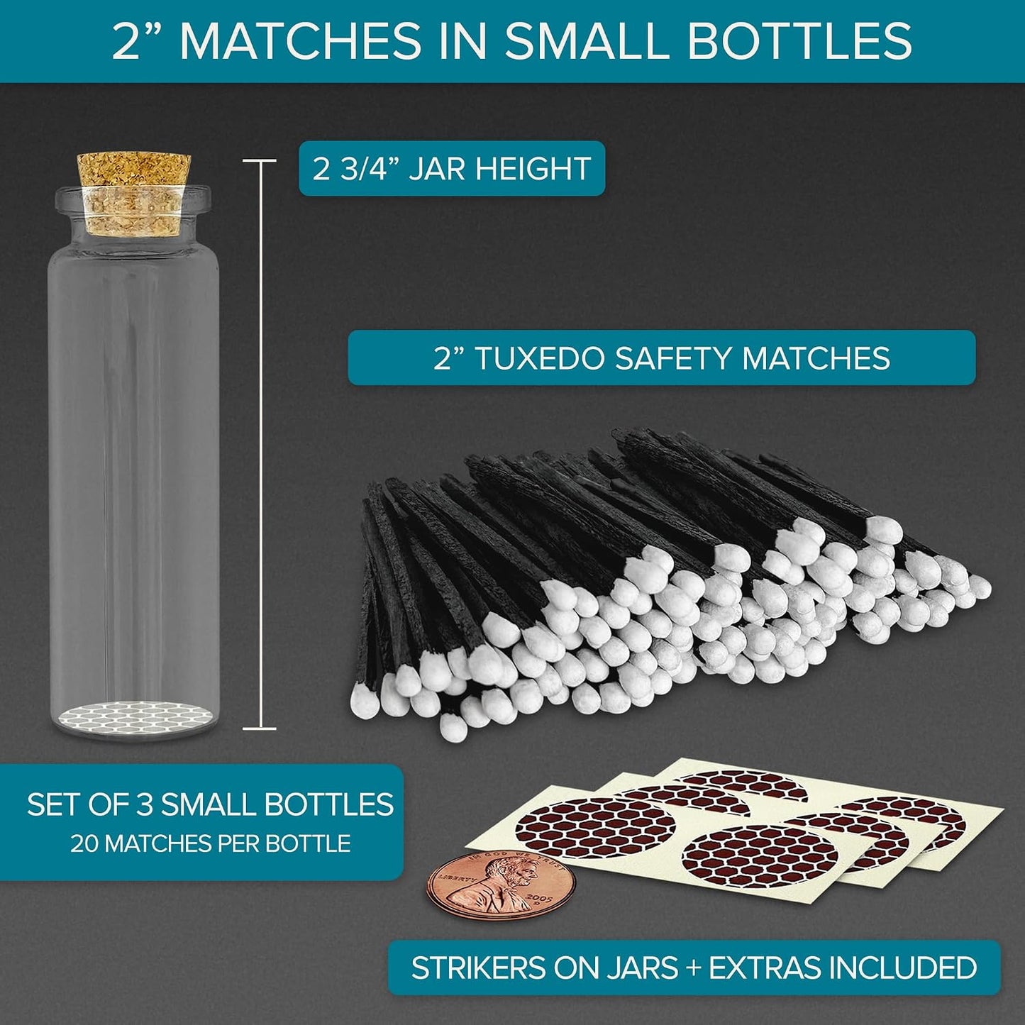 2" Black & White Tuxedo Safety Matches | 3 Glass Bottles Each with Cork Top, Striker & 20 Matchsticks by Thankful Greetings (60+ Total) | Decorative Unique & Fun Set for Your Home, Gifts, & Events