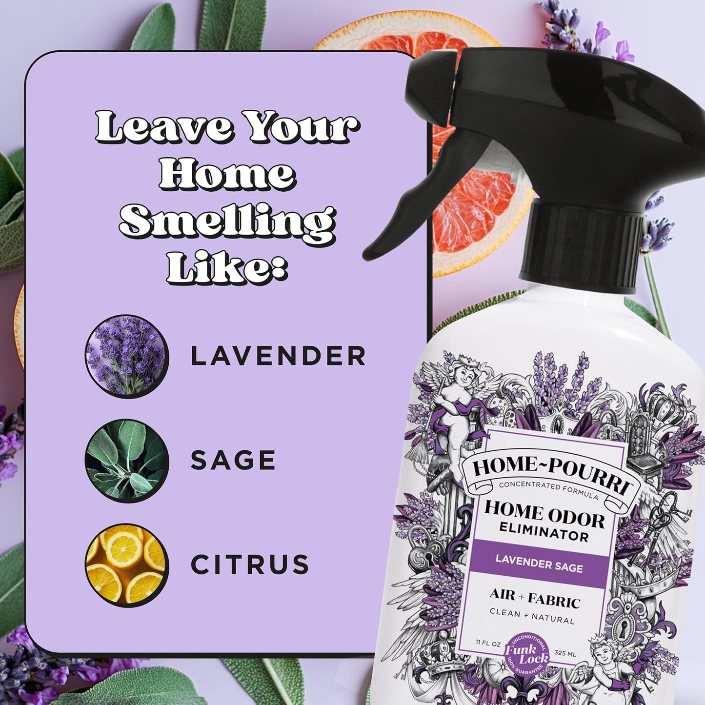 Home-Pourri Air + Fabric Multi-Purpose Odor Freshener Spray, 11 Fl Oz, Up to 570 Uses, Lavender Sage Scent, Room Deodorizer with Essential Oils, for Carpets, Couches, Bedding & Curtains