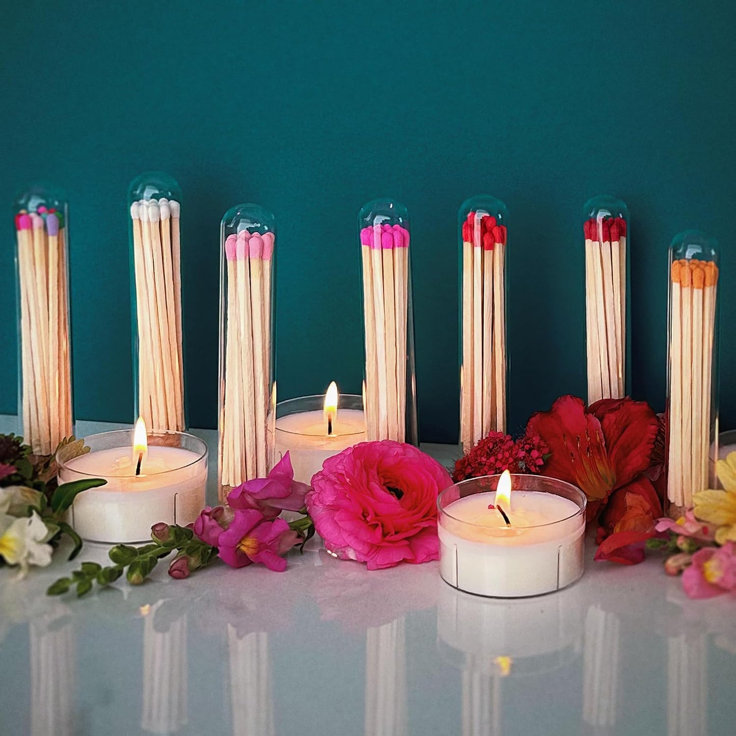 Decorative Matches in Mini Match Cloche Glass Jar Set | 4" Carrot Cake Long Matches (100 Match Sticks) + 3 Cork Top Dome Glass Holders + Striker Stickers | by Thankful Greetings, USA