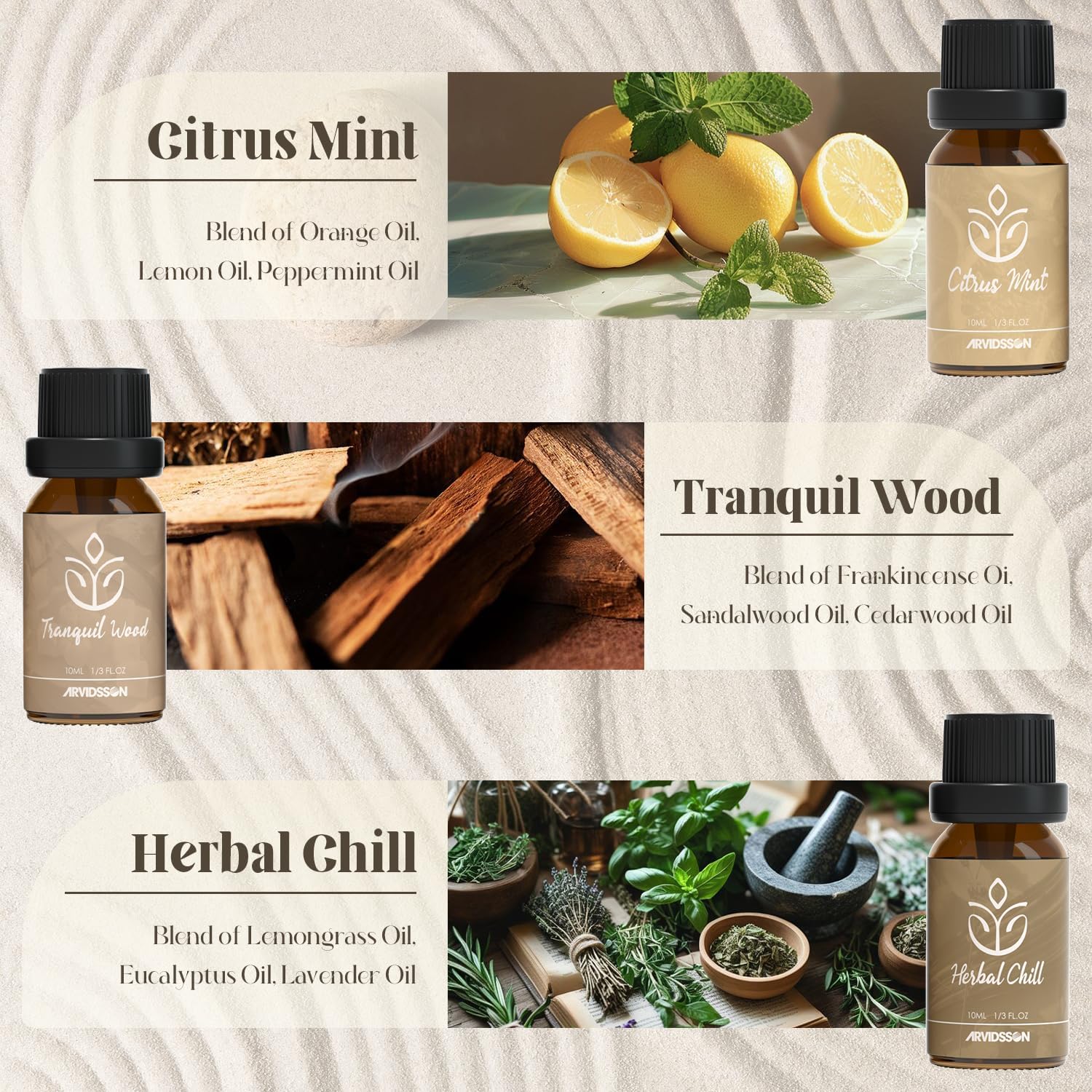 ARVIDSSON Zen Essential Oils Set, Nautal Tranquil Essential Oil for Diffusers for Home - Zen Garden, Lavender Dream, Serene Spa, Citrus Mint, Tranquil Wood, Herbal Chill, Gift for Women