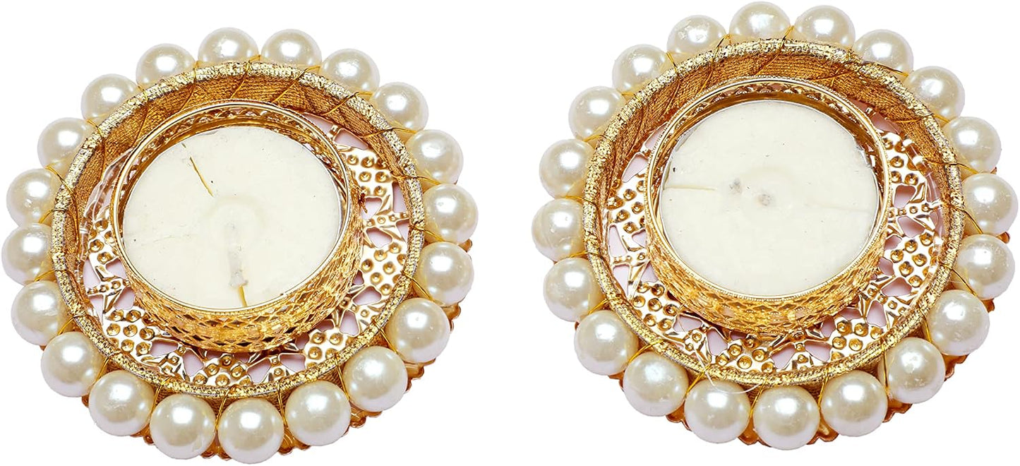 Set of 4 Pearl Moti Design T Light Holder Candle Stand Tealight T-Light Holder for Indian Festival Gifts New year Gifts Lighting Accessories Wedding Home Decor(Size:-3")(Without Wax)(White)