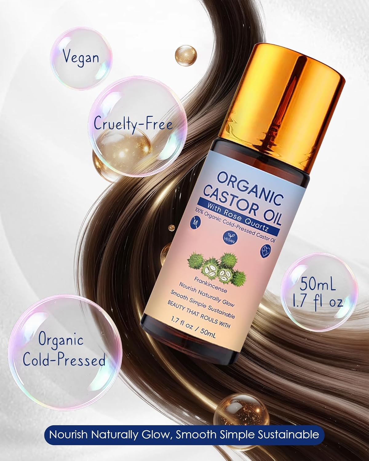 PAYDVOIER Organic Castor Oil with Rose Quartz Roller, 100% Pure Cold-Pressed, Organic Castor Oil Roll On Rose Quartz, Hexane-Free,Amber Glass Bottle for Skin 1.7 Oz.