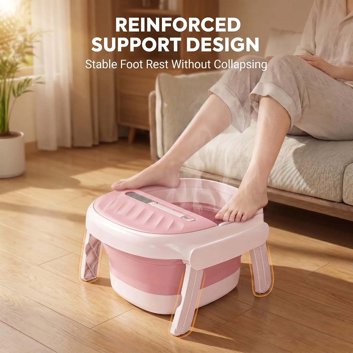Collapsible Foot Bath Tub with Long Handle Foot Brush, Foldable Foot Soaking Tub with Insulated Lid & Sturdy Support Frame, Pedicure Foot Spa Basin for Men Women Home Travel (Pink)