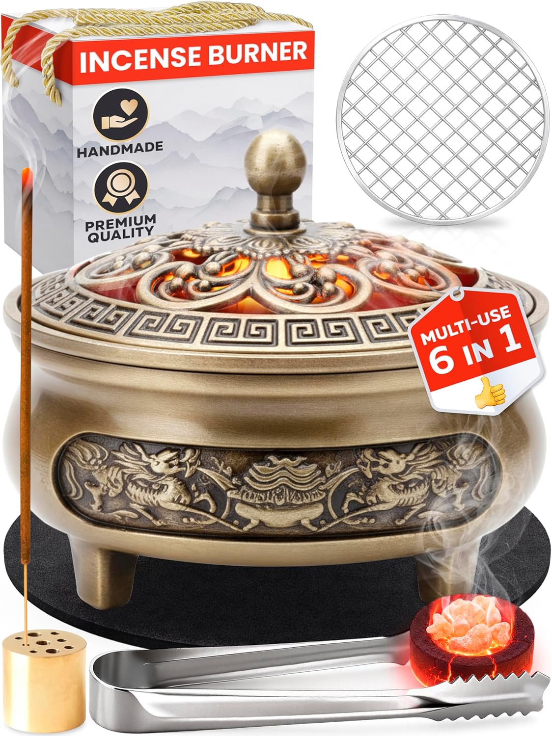 Small Brass Charcoal Incense Burner for Frankincense Resin, Incense Sticks for Home and Church Use – Decorative Bakhoor Brass Incense Burner Provides Clean Burning, Aroma and Spiritual Atmosphere