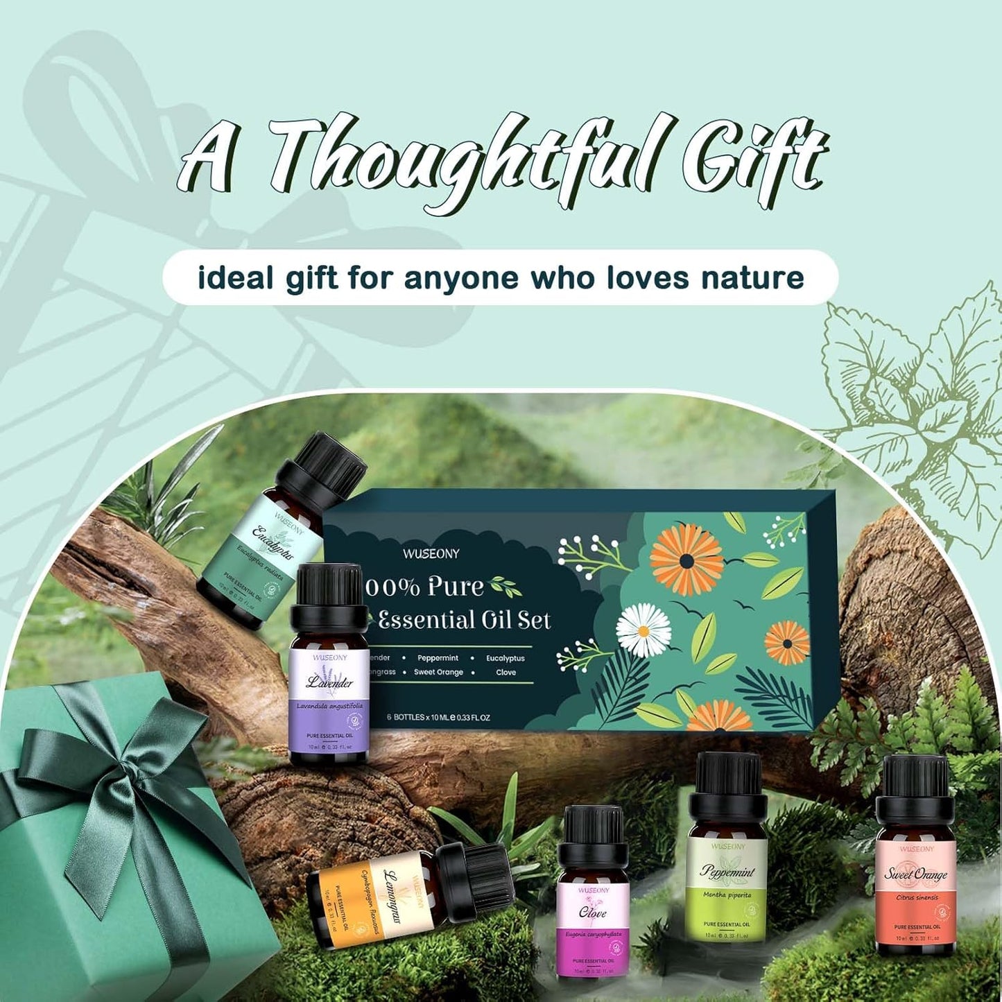 WUSEONY Top 6 Natural Aromatherapy Oils Gift Set, Essential Oils for Diffusers Home, Fragrance Oil Scent for Candle Soap Making - Lavender, Peppermint, Eucalyptus, Lemongrass, Sweet Orange, Clove