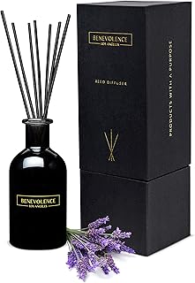 Benevolence LA Premium Lavender & Eucalyptus Reed Diffuser Set – Essential Oil Diffuser for Home & Bathroom – Up to 120-Day Fragrance with Rattan Sticks & Gift Box – Charcoal Glass Room Décor