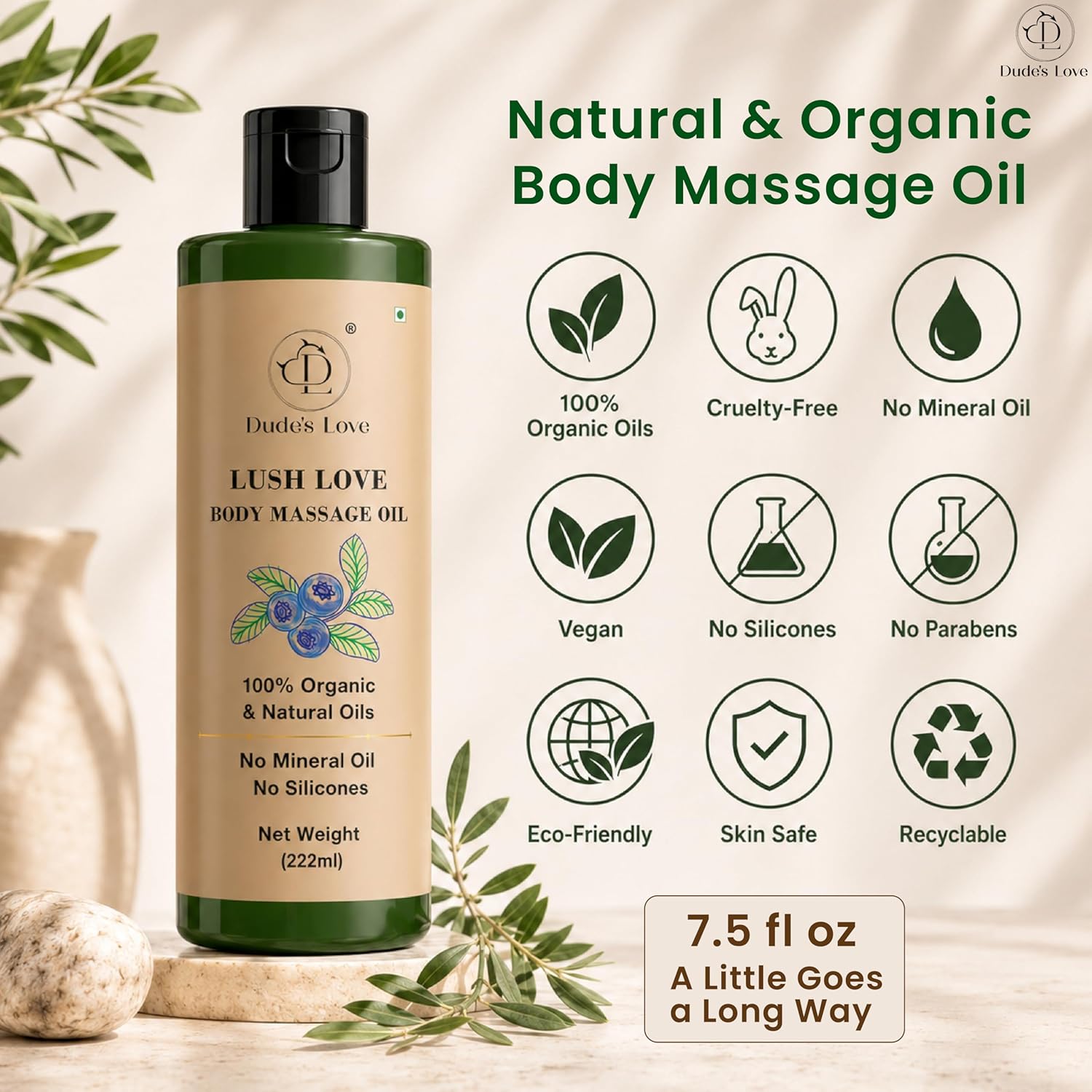 Lush Love Massage Oil | Lime & Juniper Berry Essential Oils | 100% Natural & Organic | No Mineral Oil, No Silicones | Non-Greasy Body Oil | Massage, MOISTURISE, Recover | 7.5 fl oz (222ml)