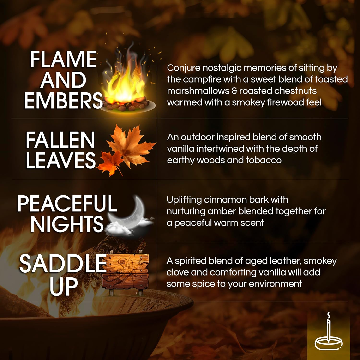 Gonesh Scents of Fall - Incense Sticks Variety Pack - Non-Toxic 10” Slow Burn Aromatic Sticks - Bark & Amber, By the Fireside, Autumn Lodge, Tooled Leather - 30 Sticks Each