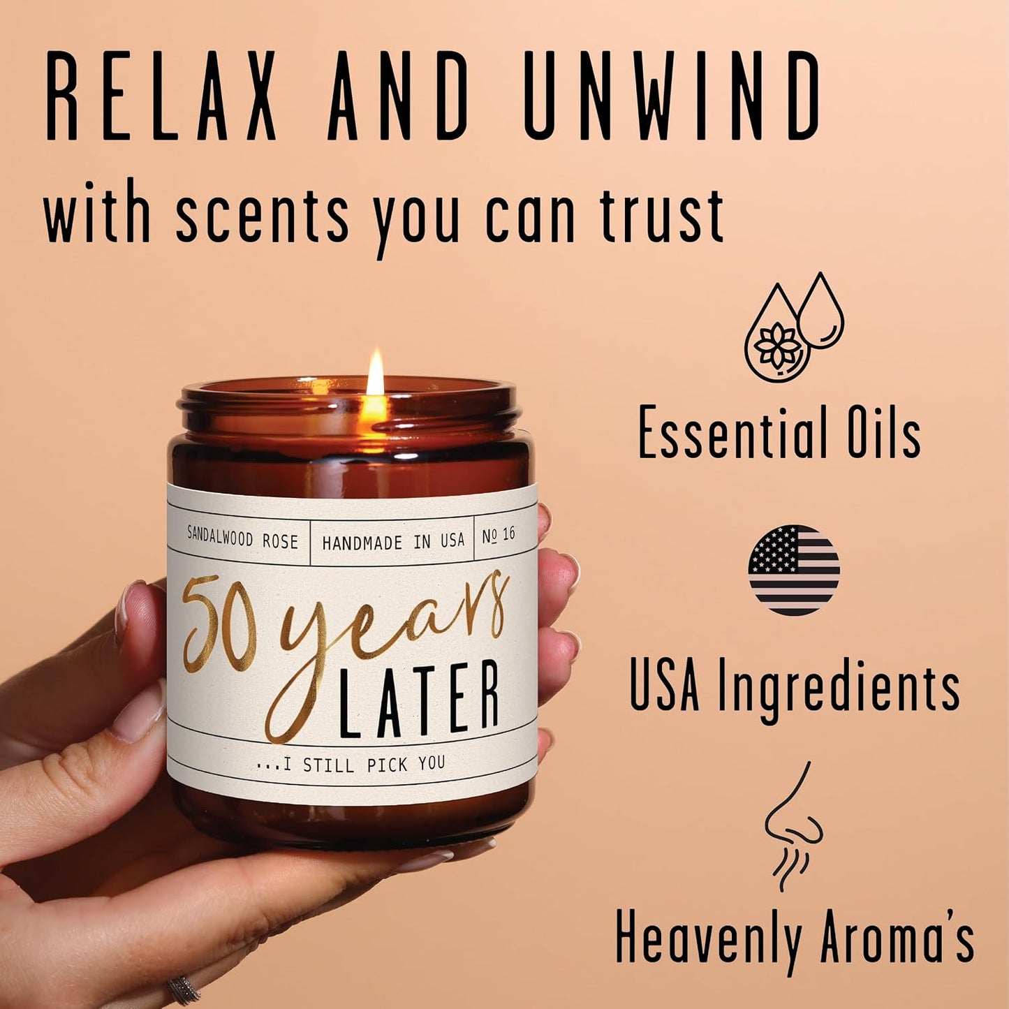 50th Wedding Anniversary Gifts - '50 Year Later' Candle, w/Sandalwood Rose - infused w/Essential Oils I 50th Anniversary Gifts for Wife I 50 Year Anniversary Gifts I 50Hour Burn I USA Made