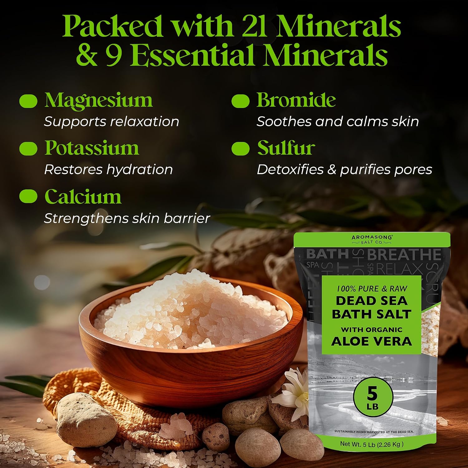 Aromasong 5 lbs Raw Dead Sea Salt with Organic Aloe Vera, not Cleaned, Still Contains All Dead sea Minerals Including Dead sea Mud, Fine Medium Grain Large resealable Bulk Pack (Packaging May Vary)