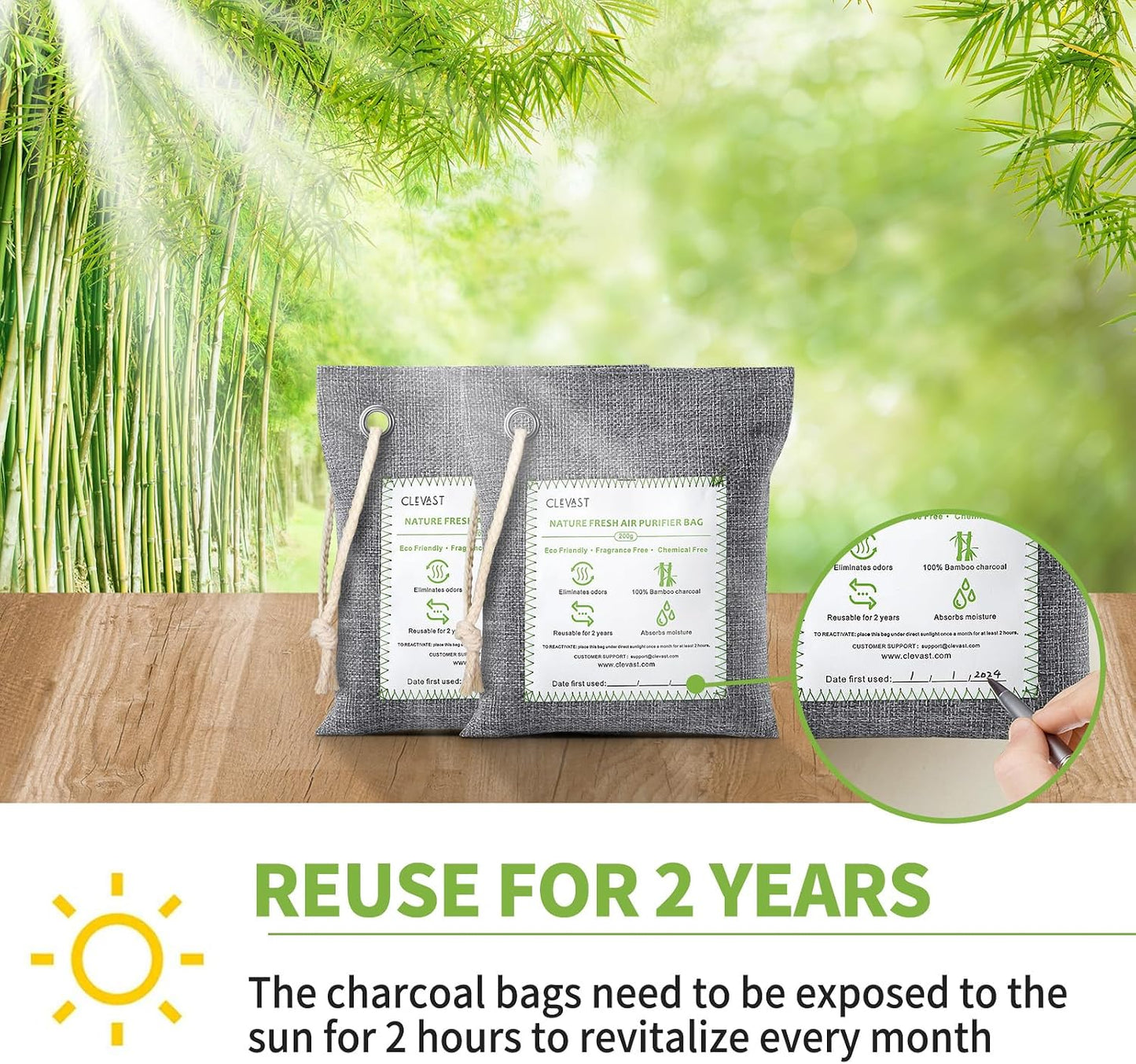 CLEVAST Bamboo Charcoal Air Purifying Bags - (Large, 4×200g), Removes Odors and Moisture, Nature Fresh Air Purifier Bags, Odor Eliminator for Home, Car, Pets, Bathroom, Basement