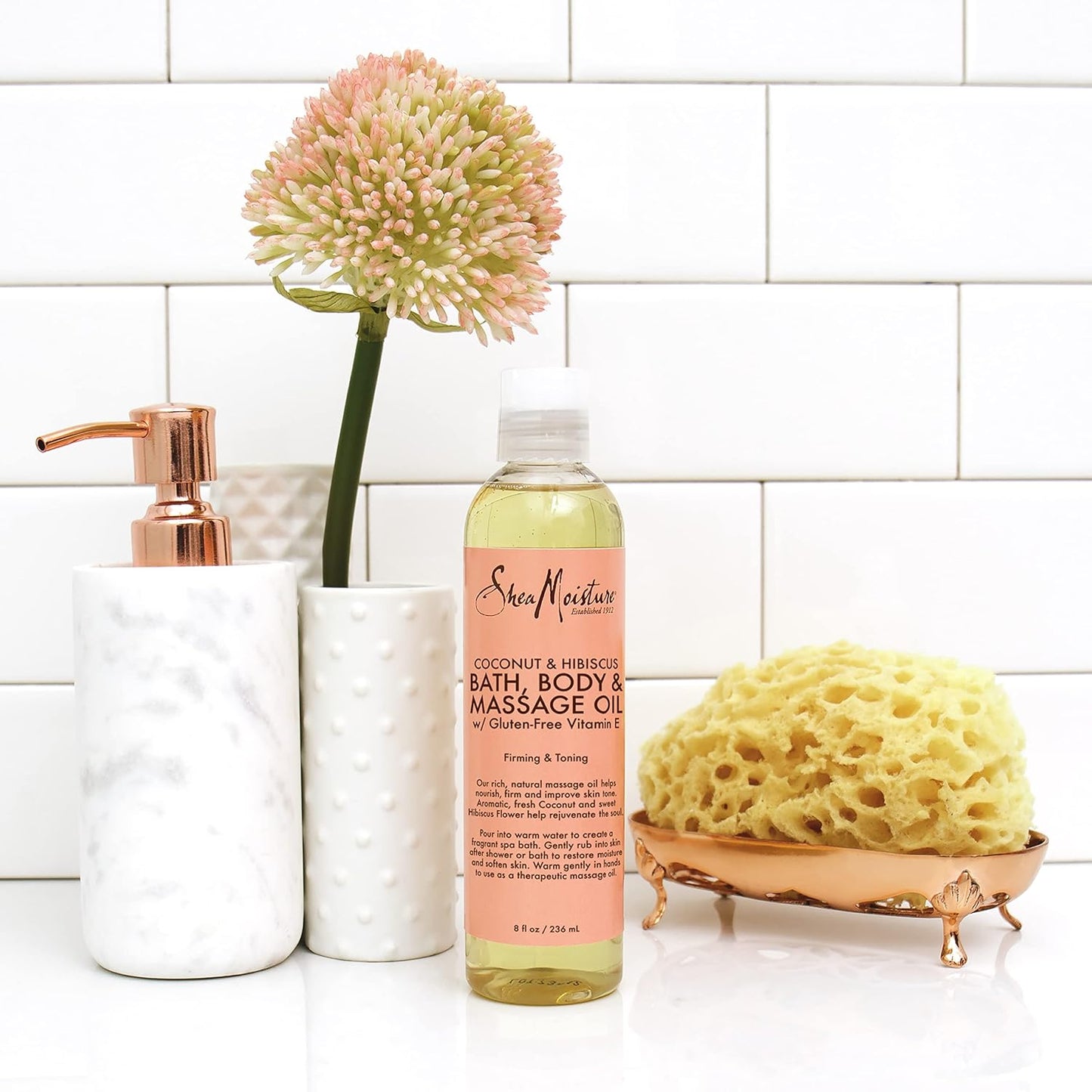 Shea Moisture Coconut & Hibiscus Massage Oil and Body Oil for Dry Skin, Bath Oil with Coconut Oil and Vitamin E Oil for Skin, 8 oz