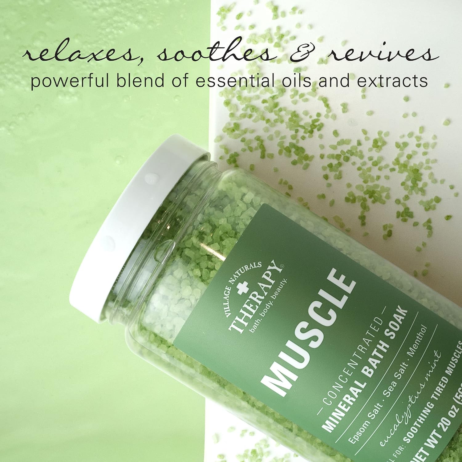 Village Naturals Therapy, Muscle Concentrated Mineral Bath Soak, Eucalyptus Mint Scent, 20 oz, Pack of 4
