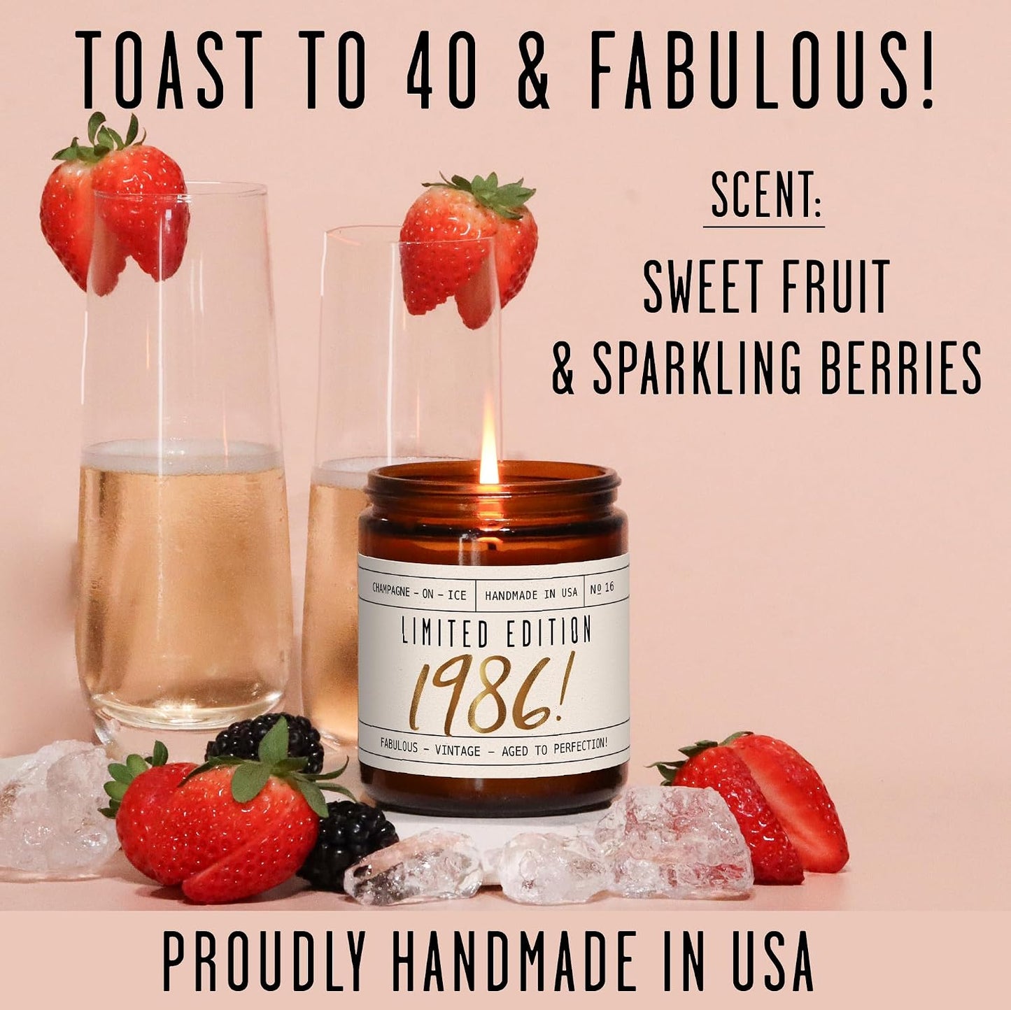 40th Birthday Gifts Women Unique - 'Limited Edition 1986' Soy, w/Champagne on Ice I 40 Year Old Birthday Gifts for Women I 9oz Reusable Jar, 50Hr Burn, Made in USA