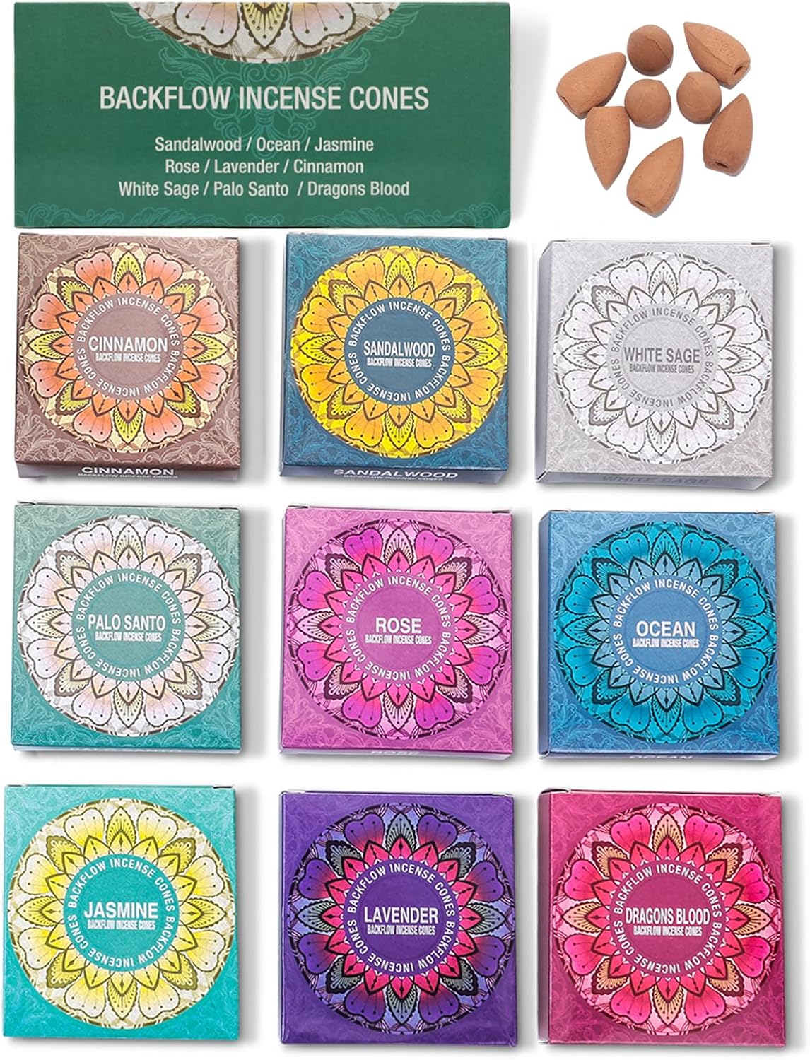 Set of 9 Backflow Incense Cones Gift Variety Pack - White Sage, Dragons Blood, Palo Santo, Jasmine, Lavender, Ocean, Sandalwood, Cinnamon, Rose for Waterfall Aromatic Smoke Fountain Haze Falls