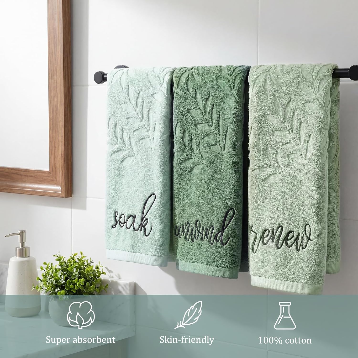 Moukeren 3 Pcs Sage Green Hand Towels for Bathroom 100% Cotton Jacquard Embroidered Leaves Soak Unwind Bath Towels Bathroom Spa Kitchen Dishcloth Gift Set Farmhouse Decorations