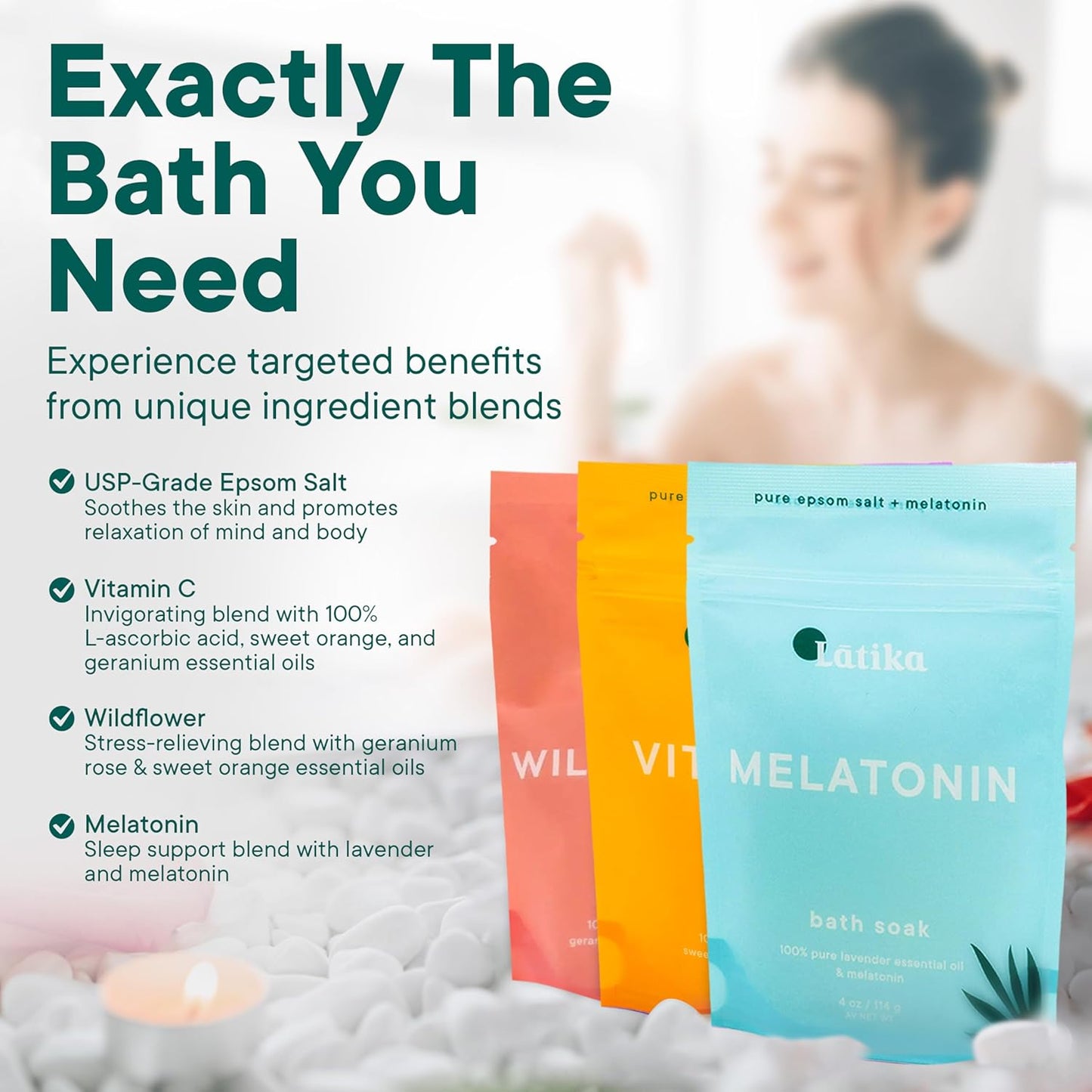 Latika Bath Soak Stress Relief Set of 3 - Wildflower, Melatonin, Vitamin C - Moisturizing Bath Soak with Epsom Salt & Essential Oils for Stress Relief, Muscle Recovery, & Relaxation - At-Home Spa