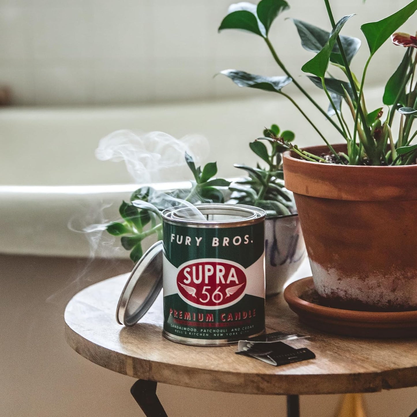 Fury Bros. Scented Candles for Men | Supra 56 | Sandalwood Patchouli Cedar | Natural Soy Wax | Hand-Poured in the USA | Long 70-80 Hour Burn (12.5 oz) | Vintage-Inspired Tin Design | Dad Home Gift