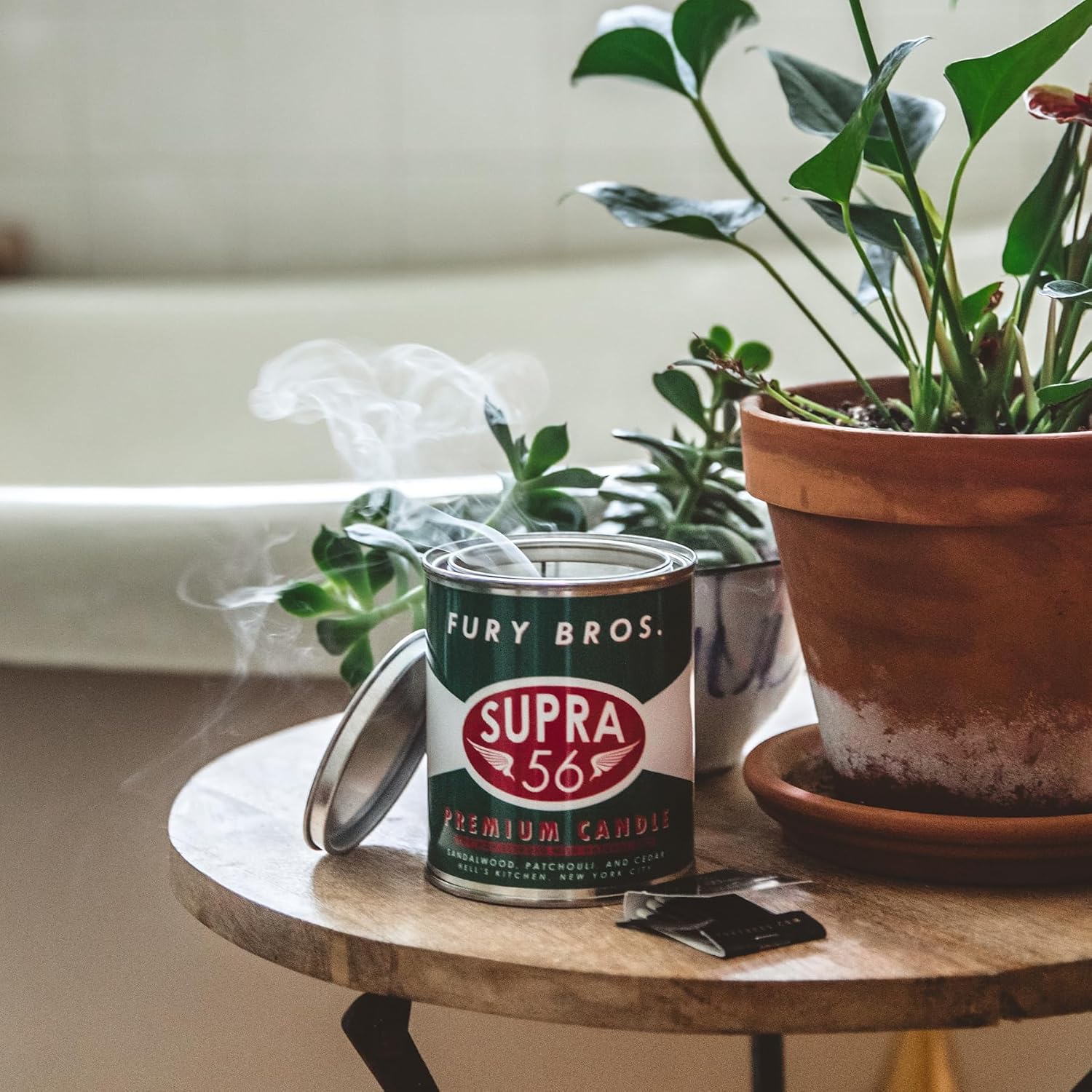 Fury Bros. Scented Candles for Men | Supra 56 | Sandalwood Patchouli Cedar | Natural Soy Wax | Hand-Poured in the USA | Long 70-80 Hour Burn (12.5 oz) | Vintage-Inspired Tin Design | Dad Home Gift
