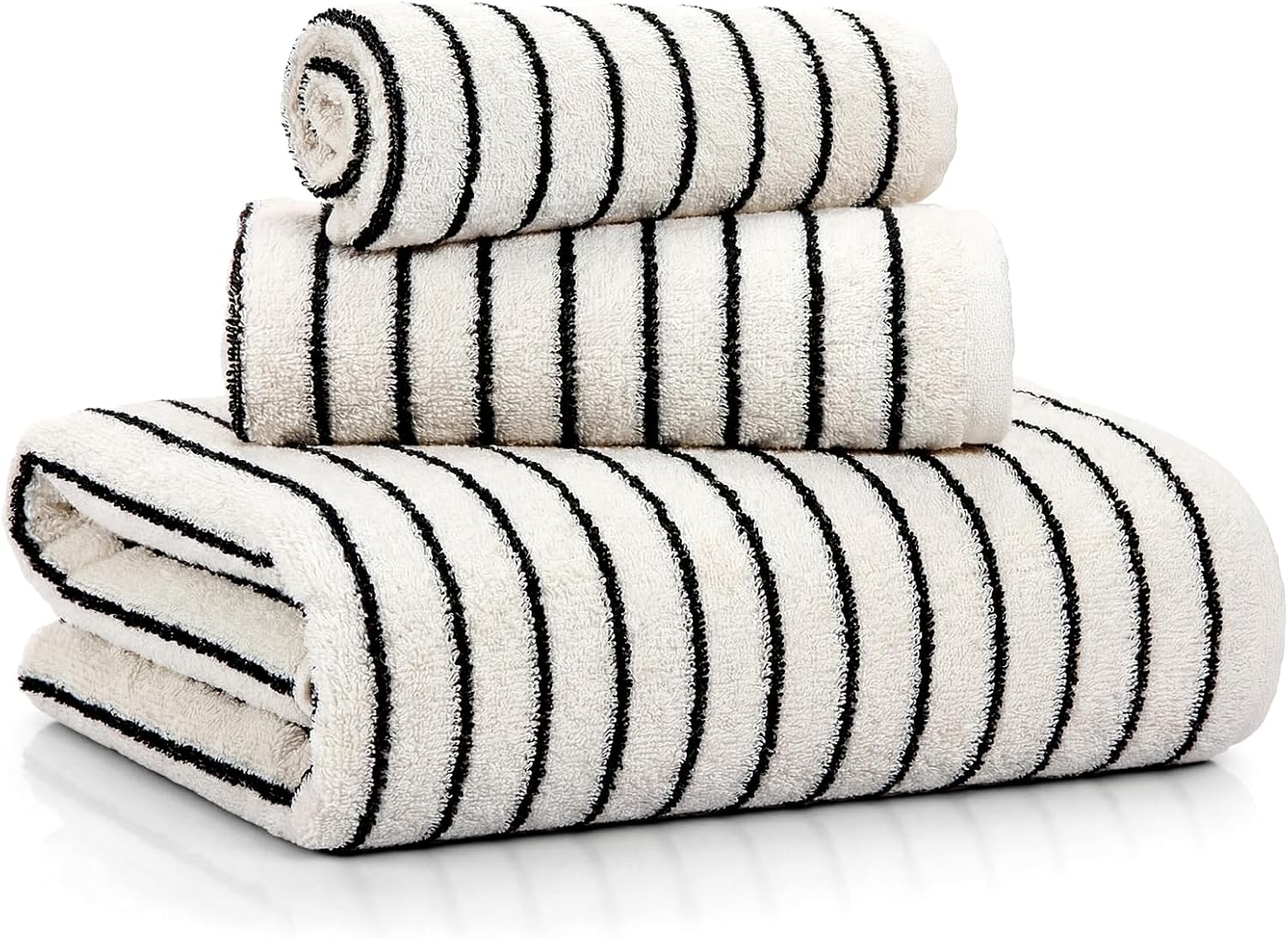 3 Pack Black and White Striped Bath Towels Set Cotton Absorbent Shower Towels for Bathroom Pool Spa Decor Contains Soft Bath Towel, Hand Cloth, and Wash Cloth