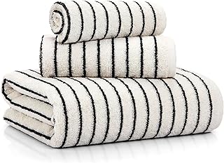 3 Pack Black and White Striped Bath Towels Set Cotton Absorbent Shower Towels for Bathroom Pool Spa Decor Contains Soft Bath Towel, Hand Cloth, and Wash Cloth