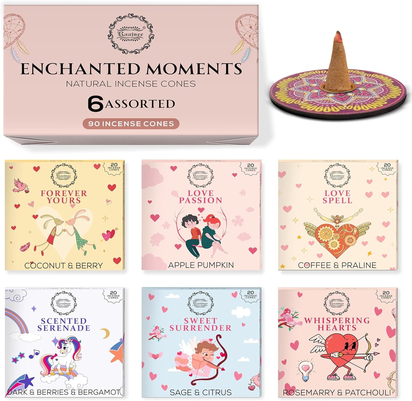 Natural Incense Cones, 6 Pack Enchanted Moments Cone Incense Gift Pack 15 pc Each (90 Total), Insence Cones 100% Organic Non Toxic Natural